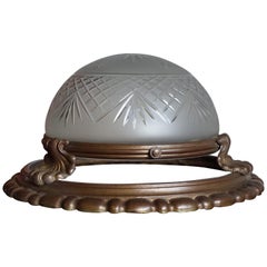 Used Classical Revival Bronze and Hand Engraved Glass Flush Mount Fixture