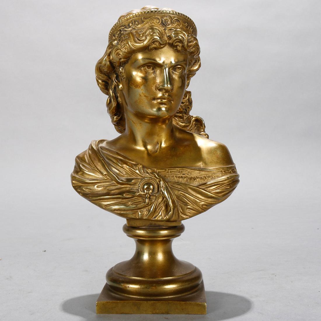Antique Classical Roman Gilt Bronze Bust of a Crowned Young Woman, circa 1890 In Good Condition In Big Flats, NY