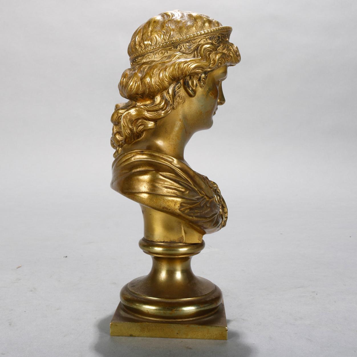 19th Century Antique Classical Roman Gilt Bronze Bust of a Crowned Young Woman, circa 1890