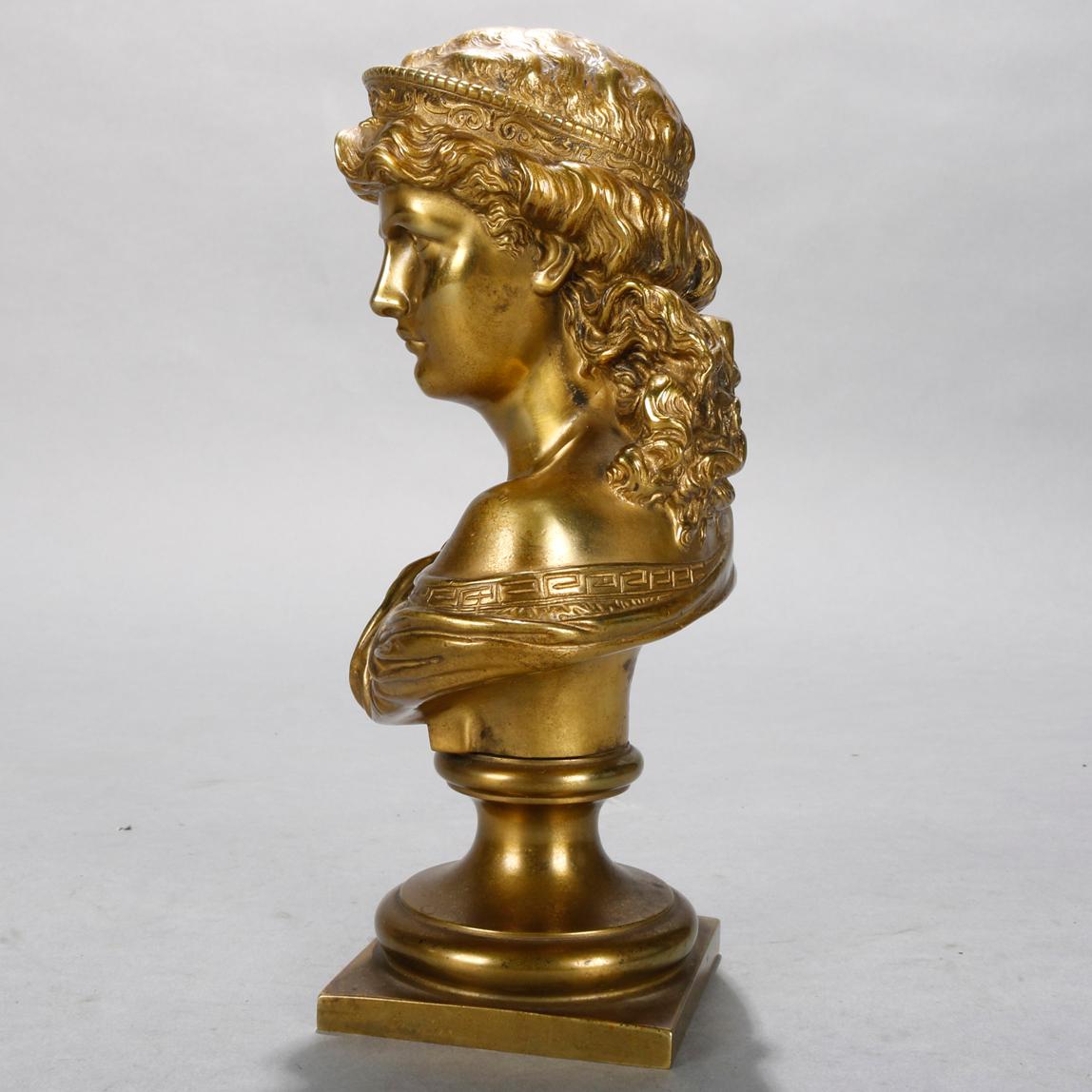 Metal Antique Classical Roman Gilt Bronze Bust of a Crowned Young Woman, circa 1890