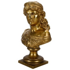 Antique Classical Roman Gilt Bronze Bust of a Crowned Young Woman, circa 1890
