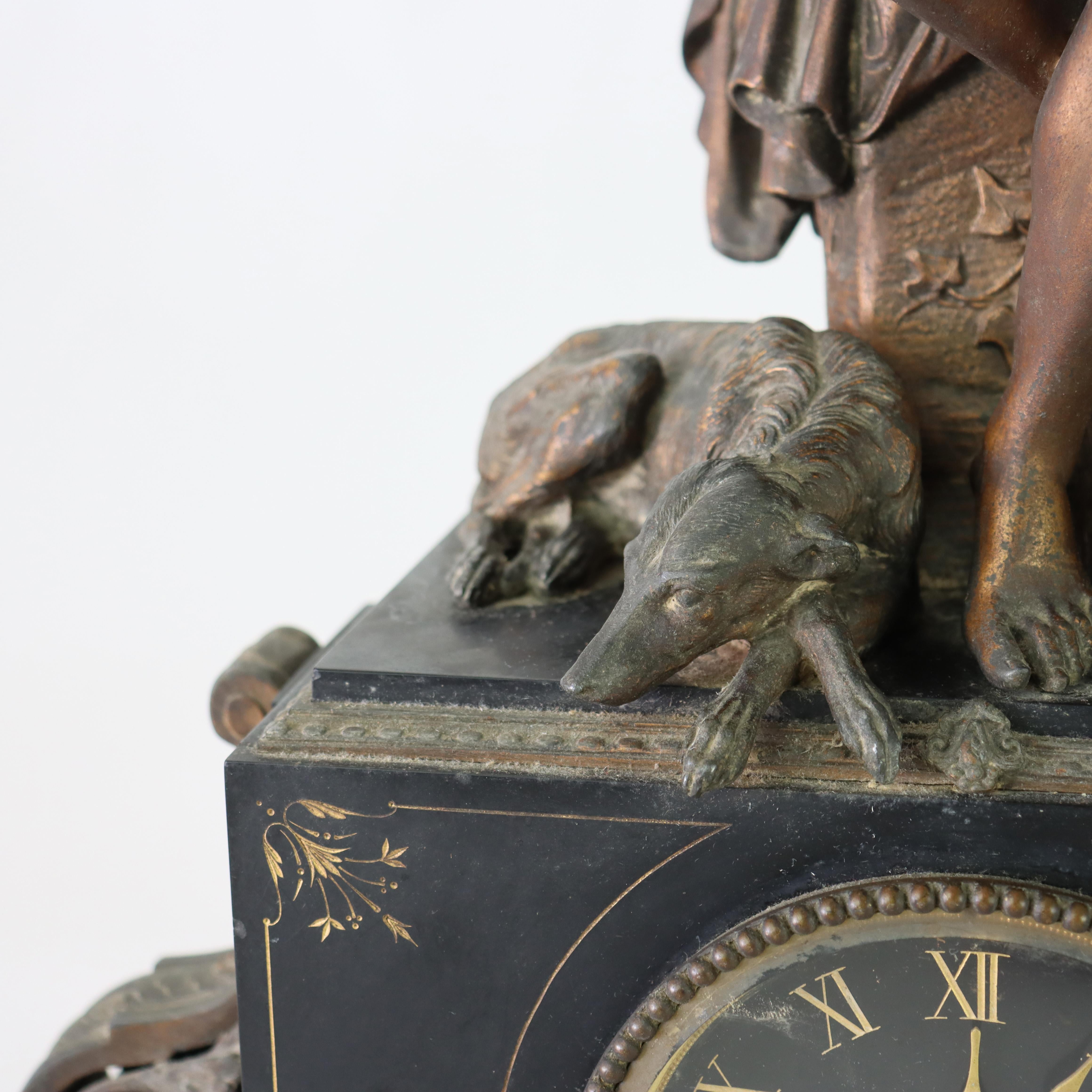 Antique Classical Slate & Figural Bronzed Mantle Clock C1890 In Good Condition In Big Flats, NY
