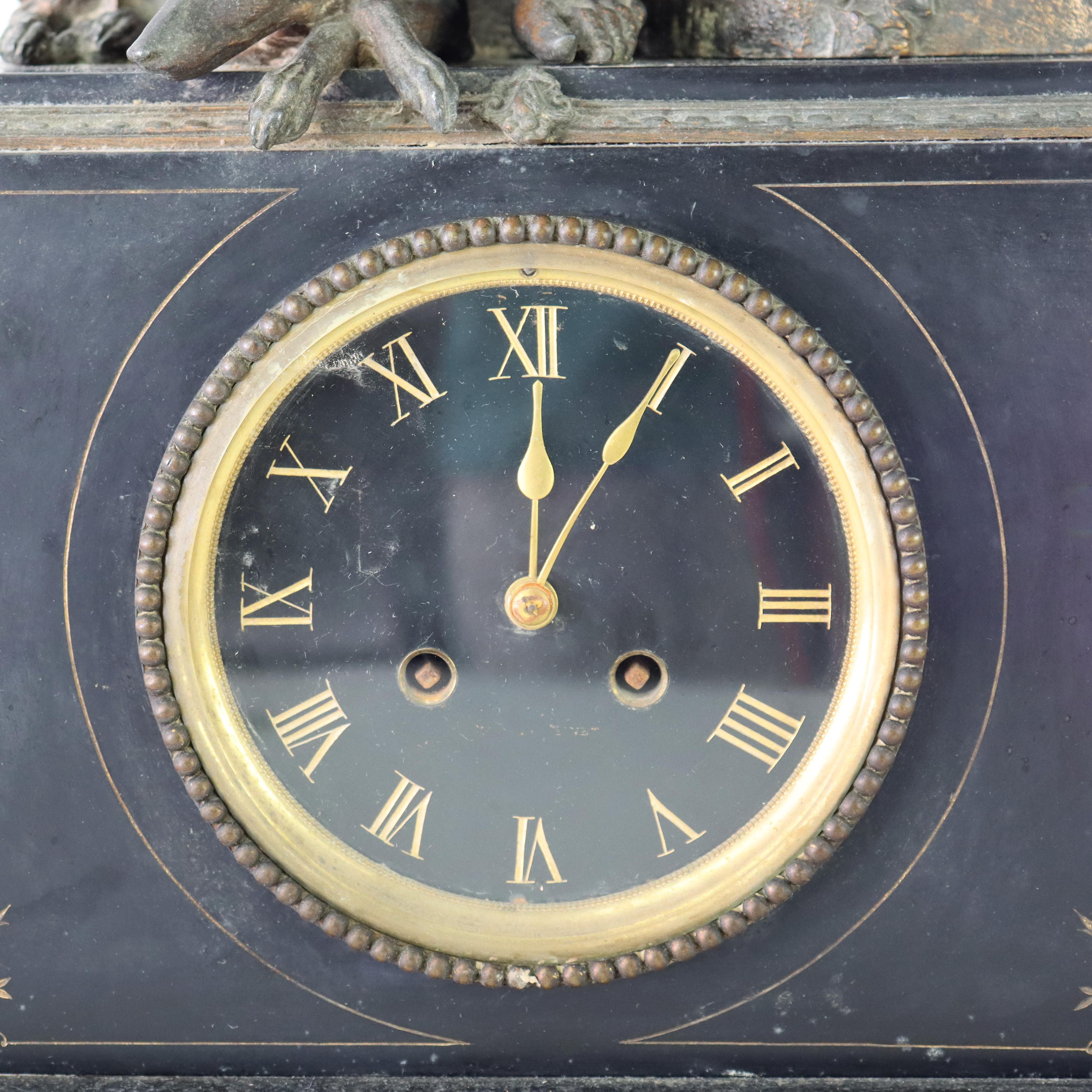 19th Century Antique Classical Slate & Figural Bronzed Mantle Clock C1890