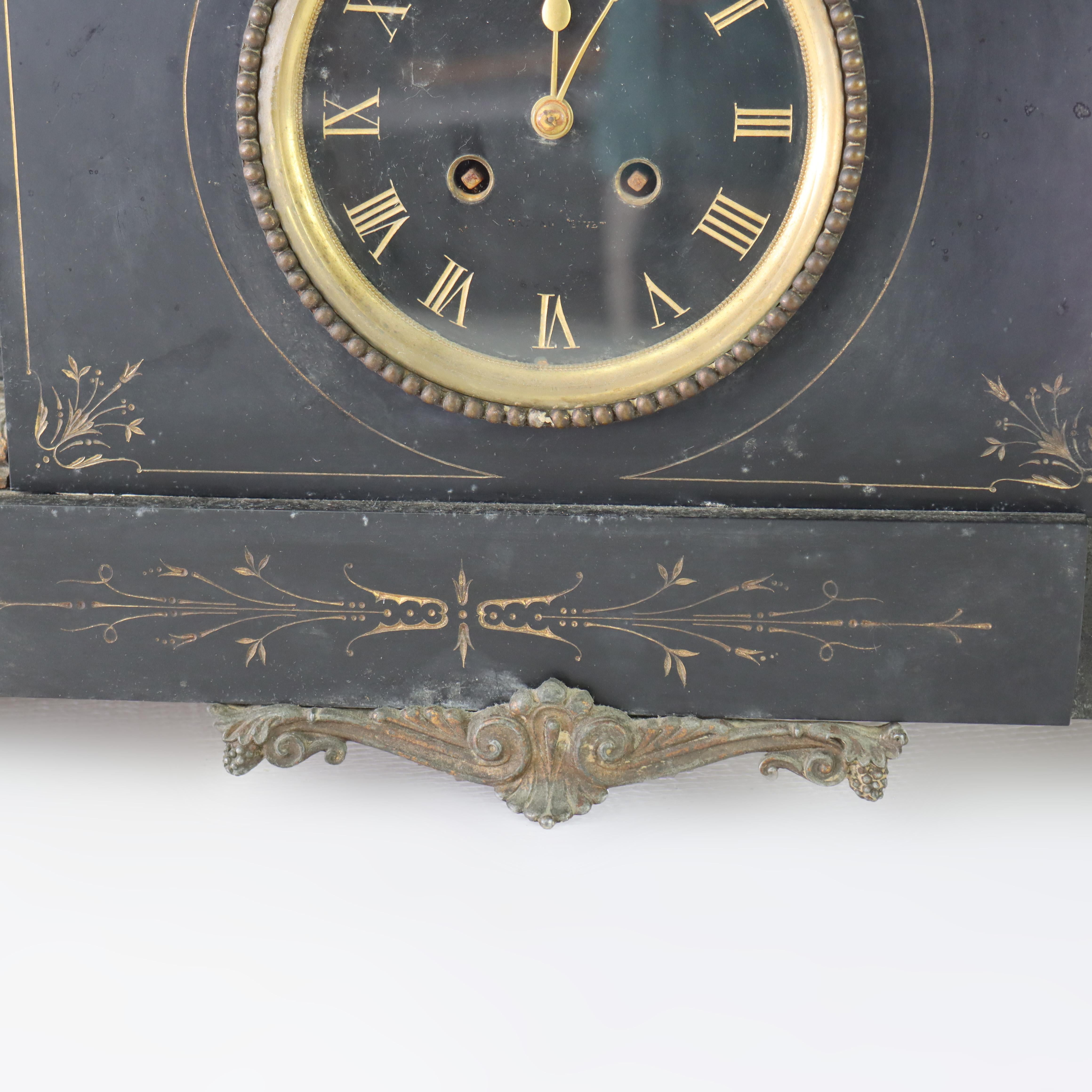 Antique Classical Slate & Figural Bronzed Mantle Clock C1890 1