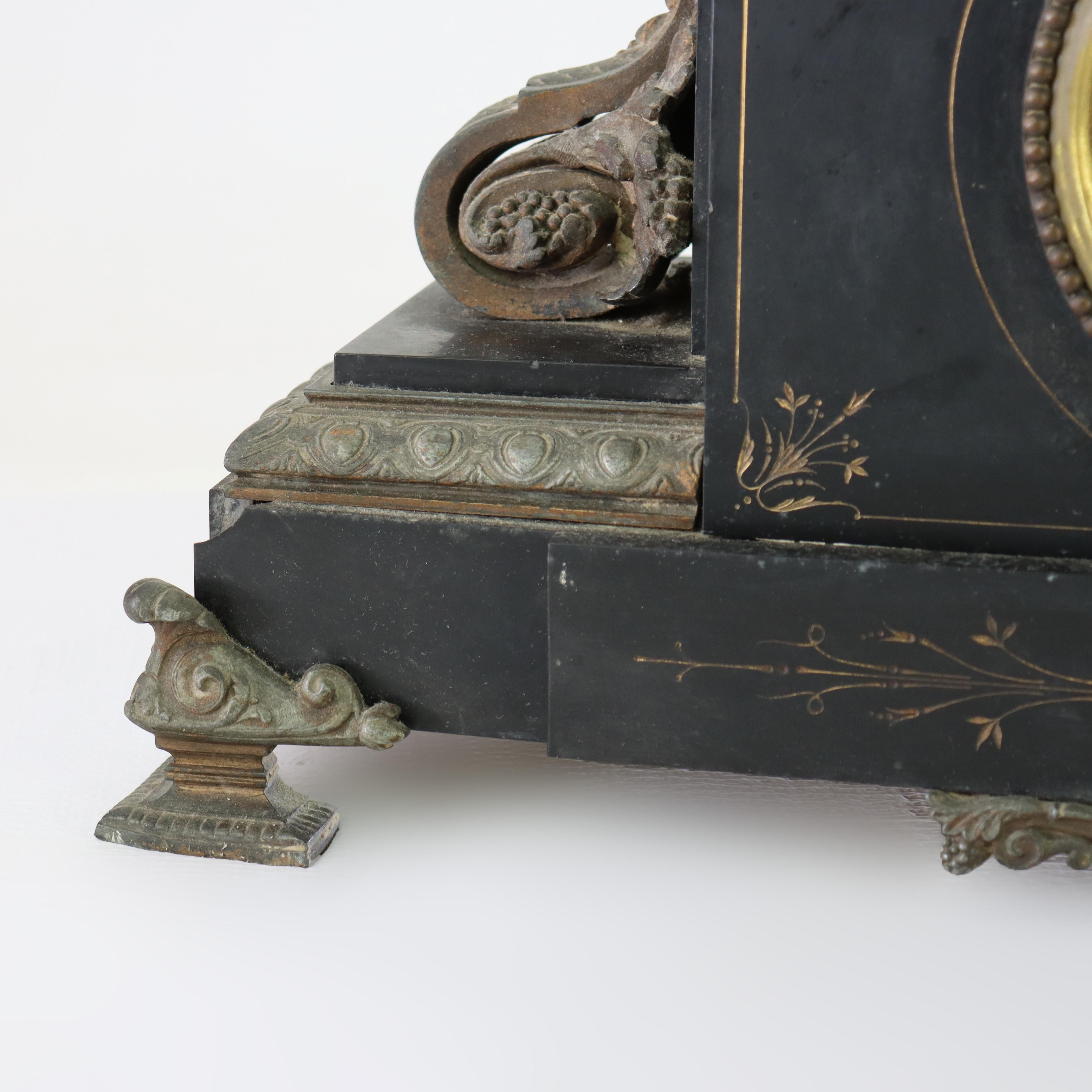 Antique Classical Slate & Figural Bronzed Mantle Clock C1890 2