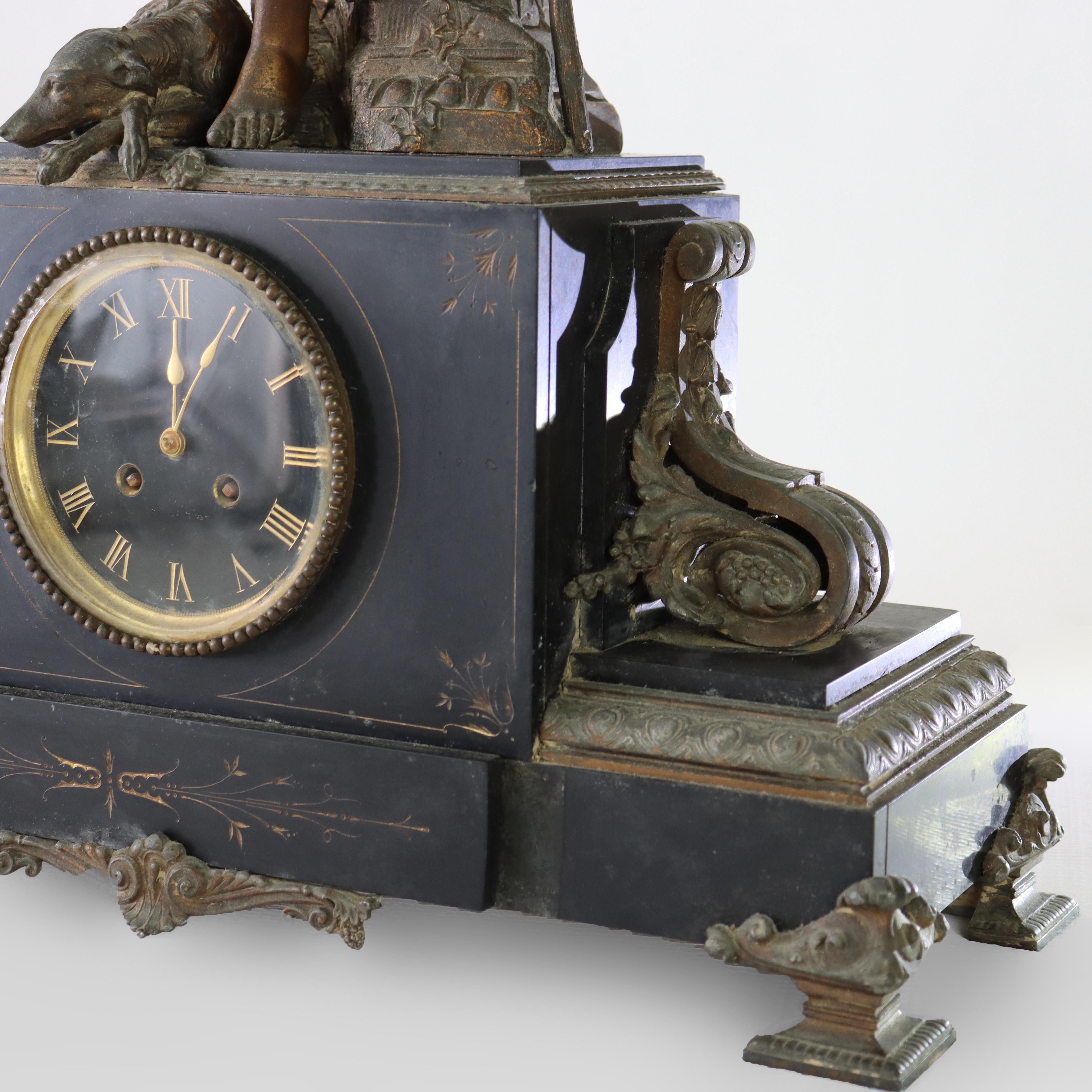 Antique Classical Slate & Figural Bronzed Mantle Clock C1890 3