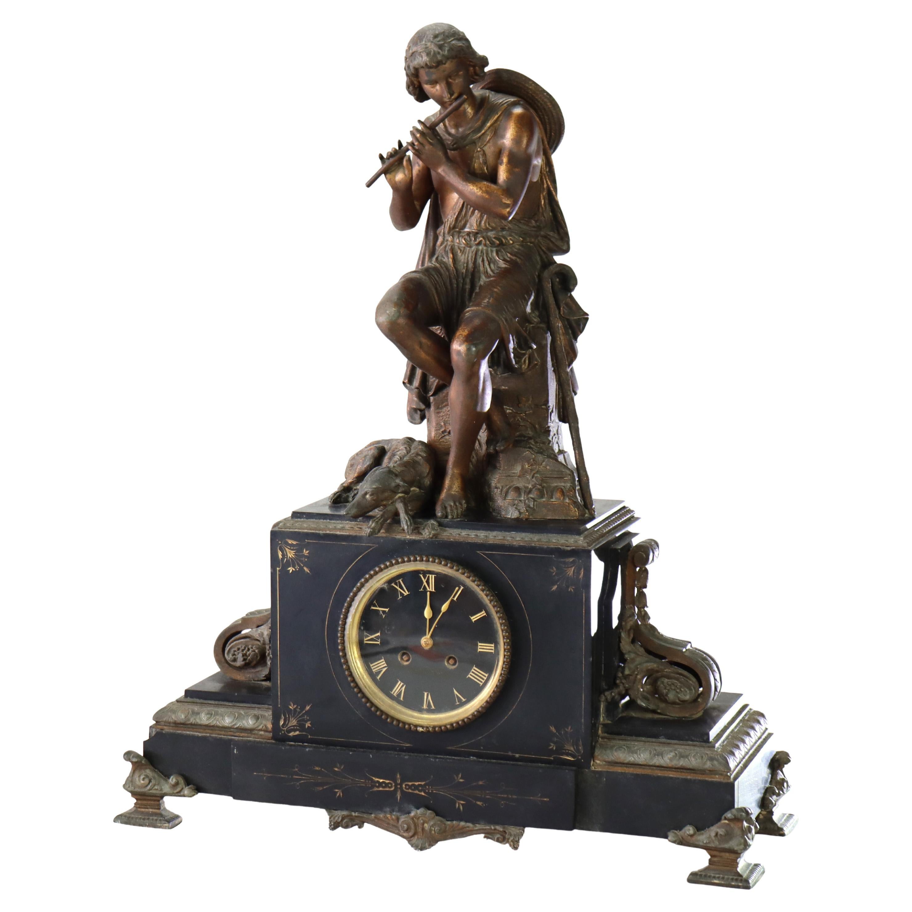 Antique Classical Slate & Figural Bronzed Mantle Clock C1890