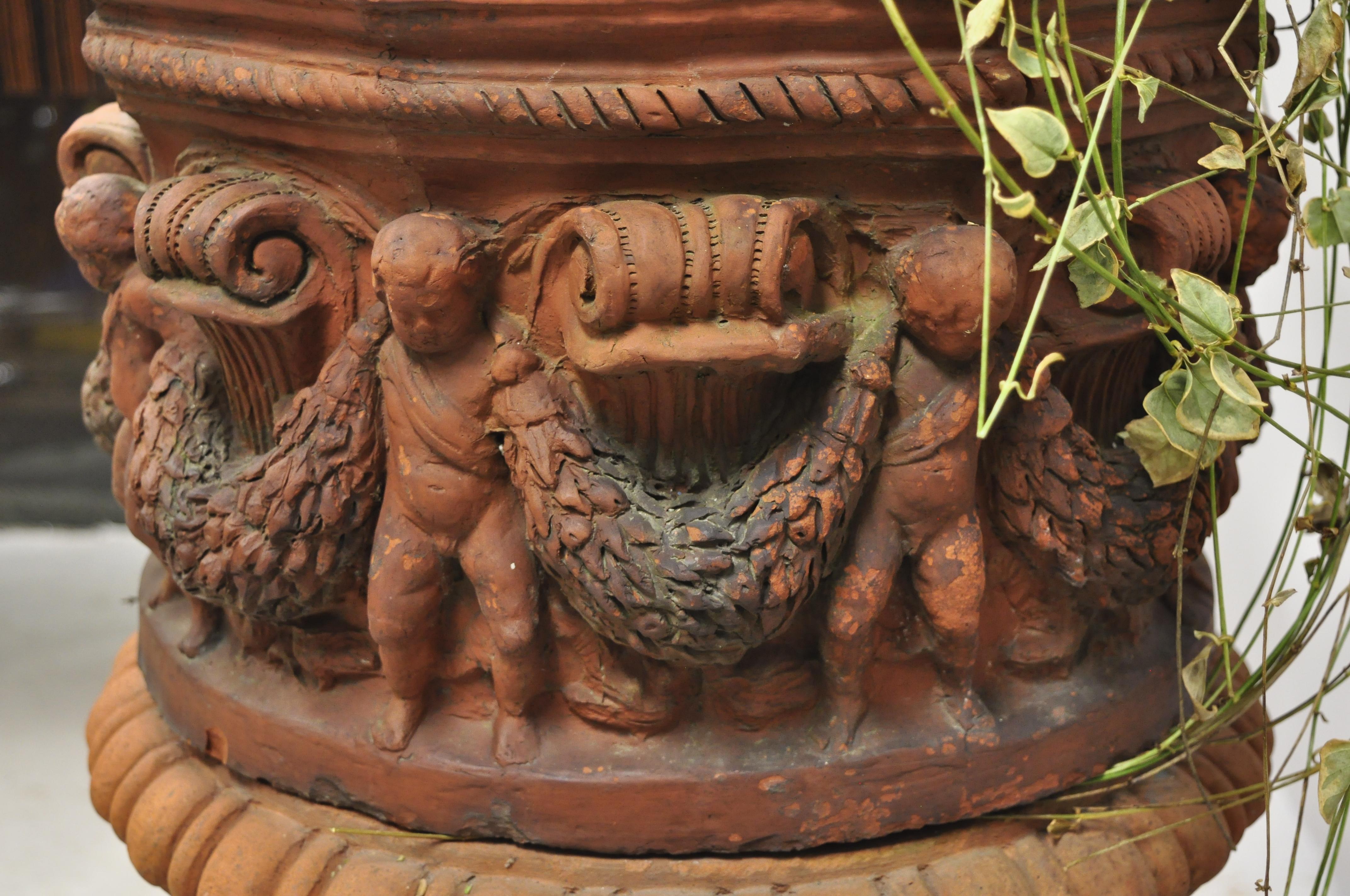 Antique Classical Terracotta Garden Pedestal Planter Pot with Cherub Figures For Sale 1
