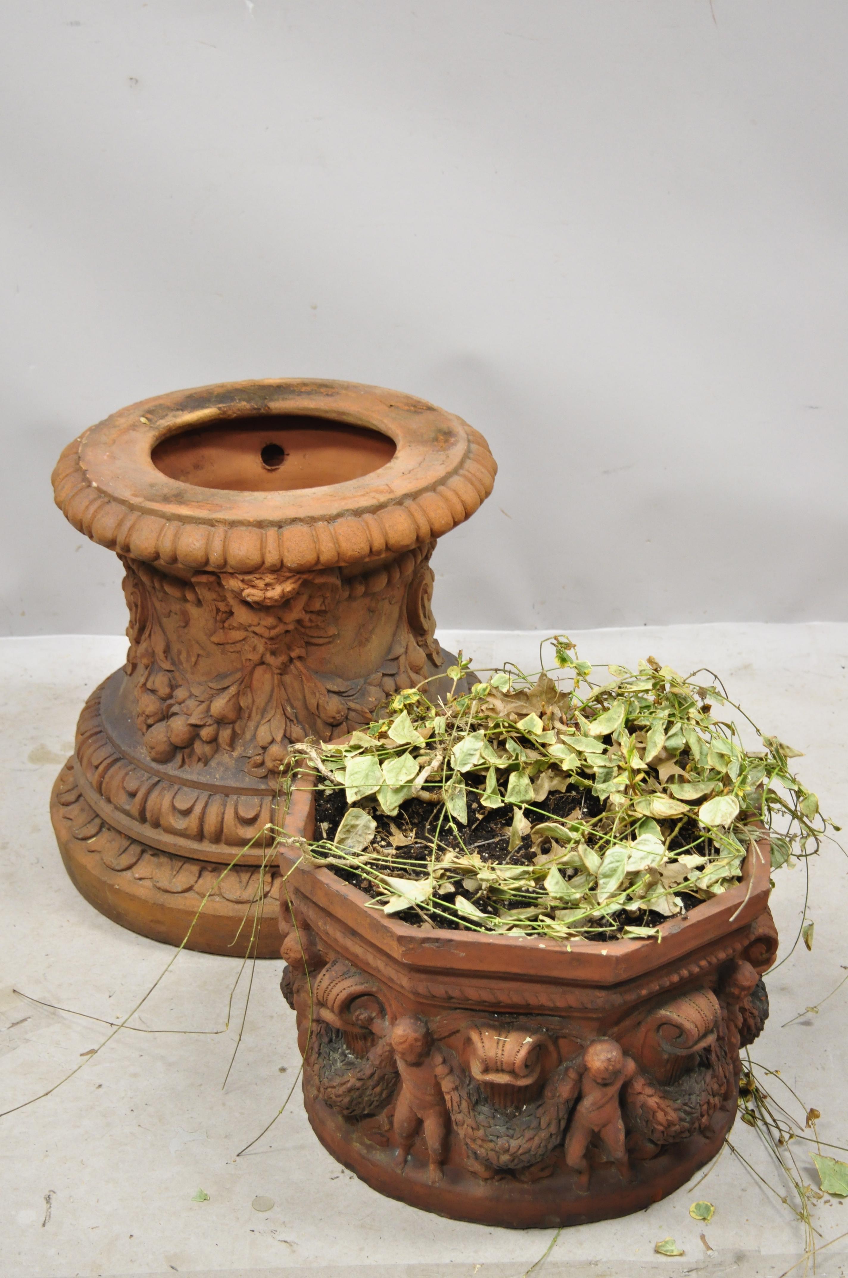Antique Classical Terracotta Garden Pedestal Planter Pot with Cherub Figures For Sale 2