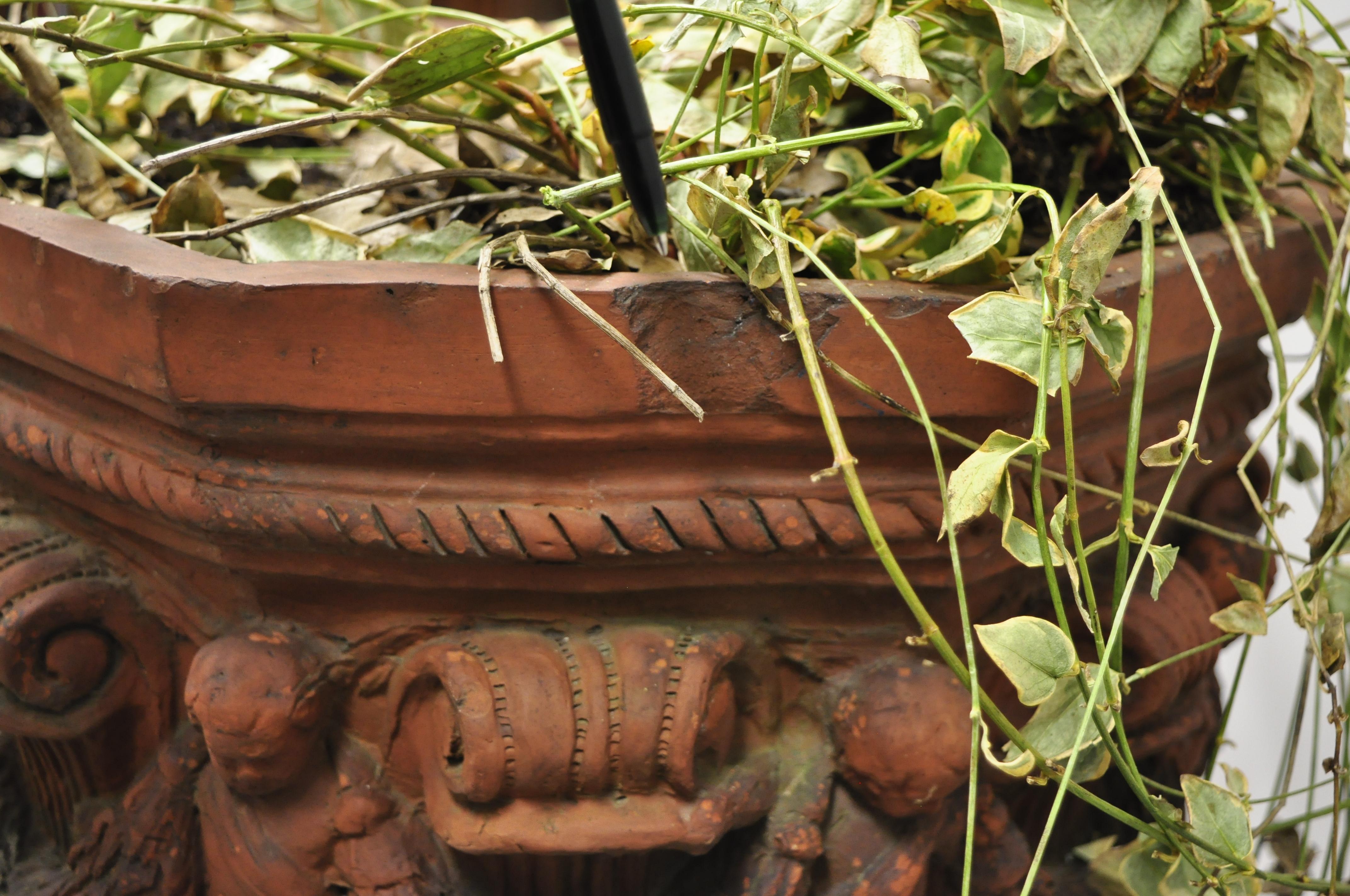 Italian Antique Classical Terracotta Garden Pedestal Planter Pot with Cherub Figures For Sale