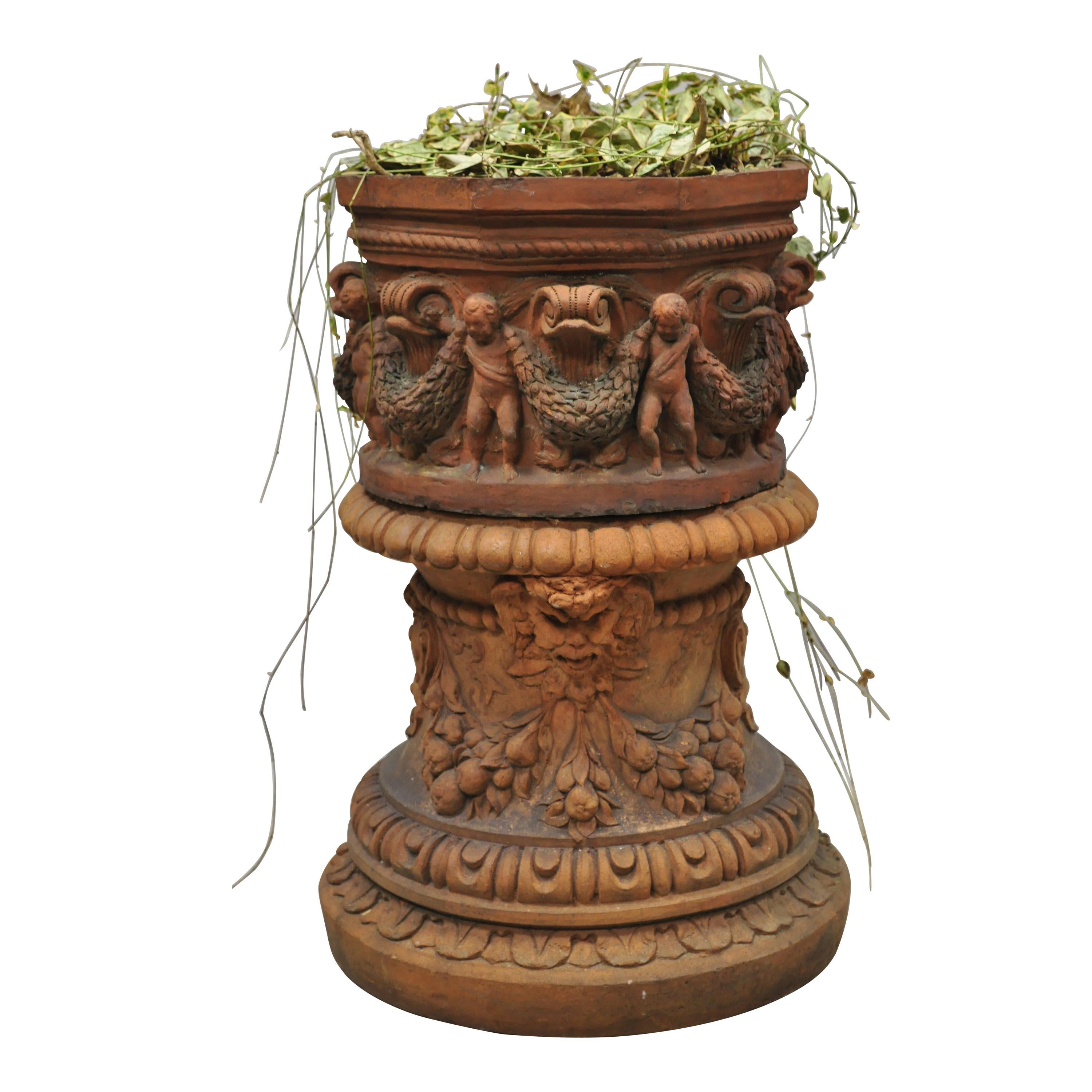 Antique Classical Terracotta Garden Pedestal Planter Pot with Cherub Figures