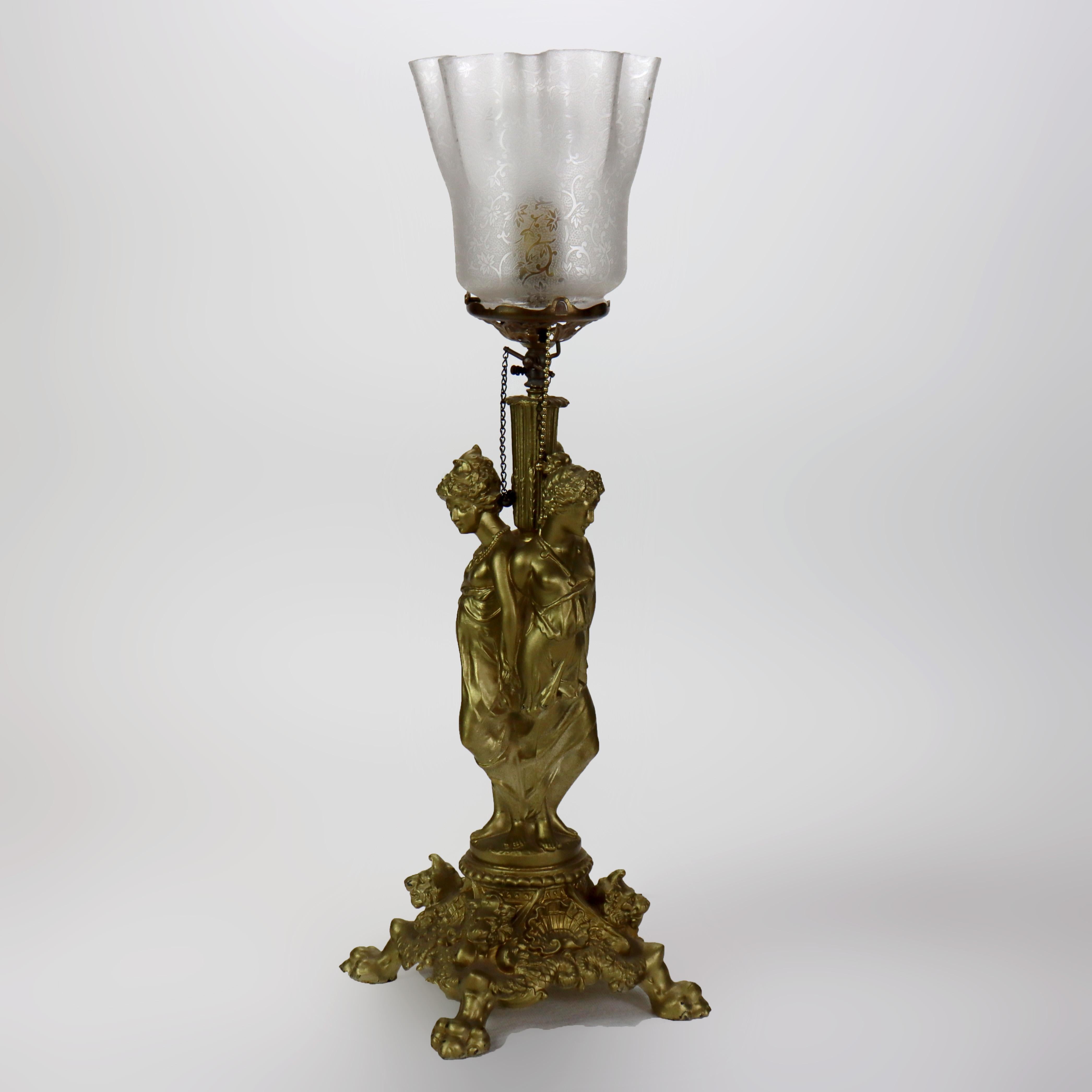 Antigua Lámpara de Mesa Clásica Tres Gracias Figural Dorada C1890 en venta 2