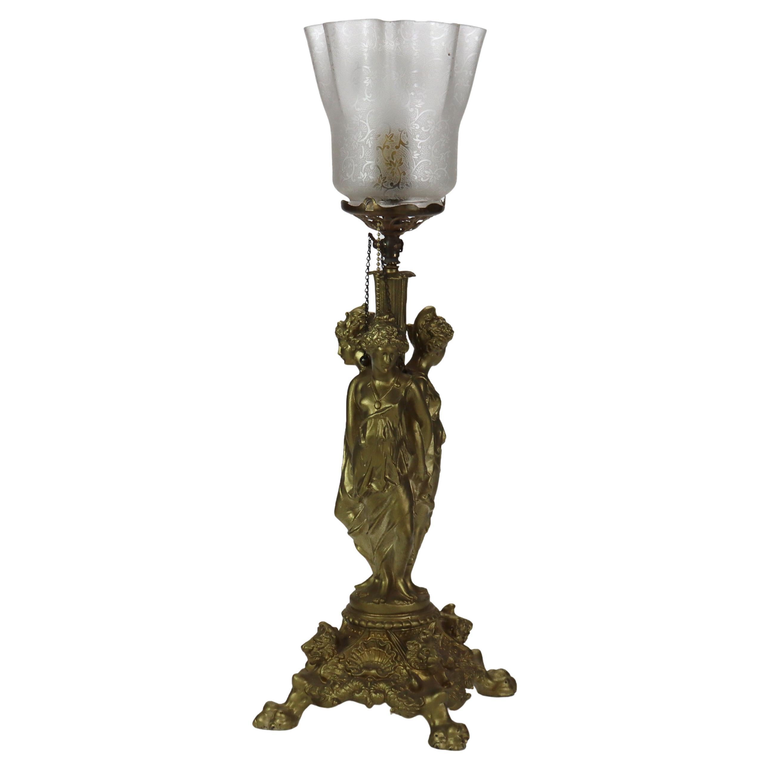 Antique Classical Three Graces Figural Gilt Table Lamp C1890