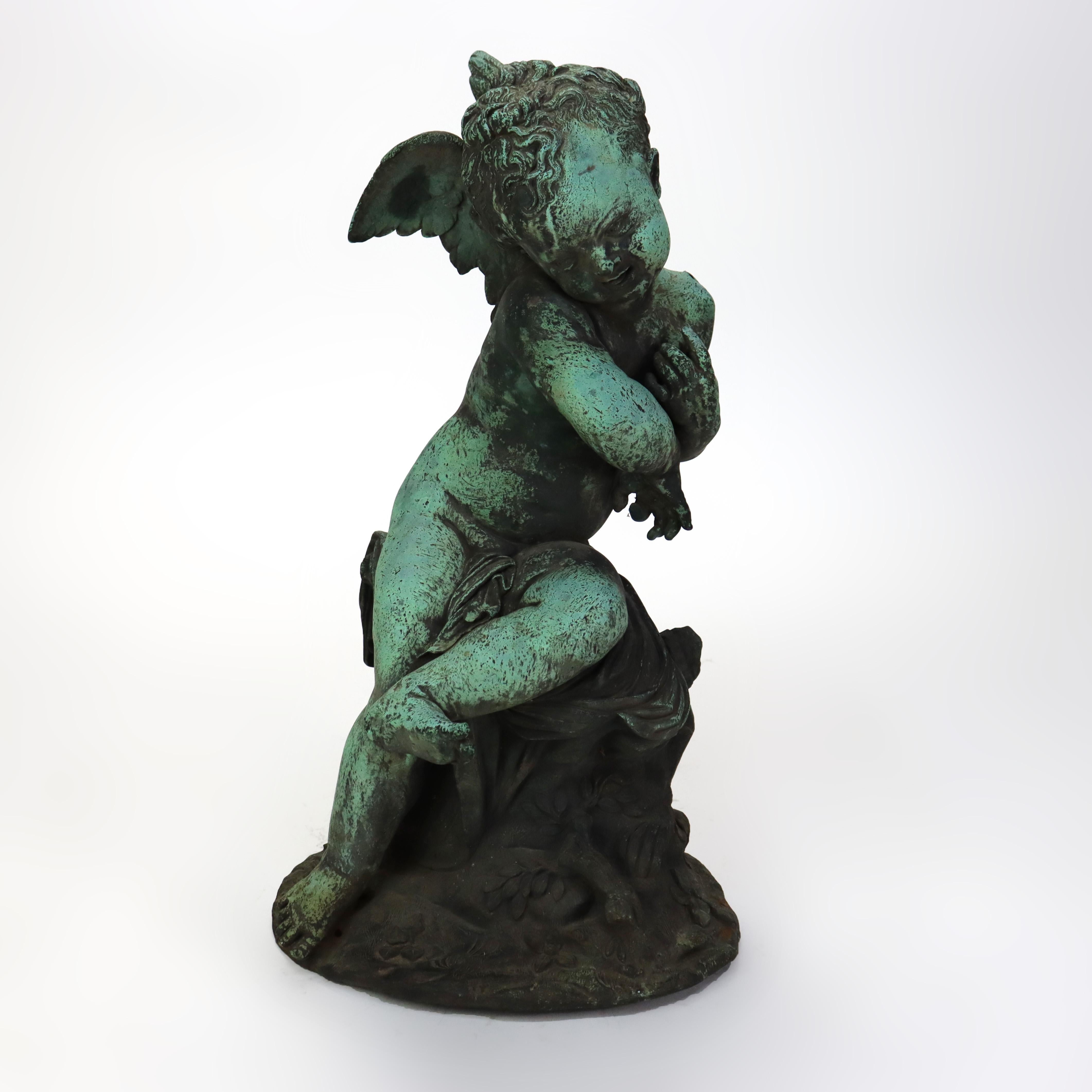 Antique Classical Verdigris Bronze Cherub Fountain Figure 19thC In Good Condition For Sale In Big Flats, NY