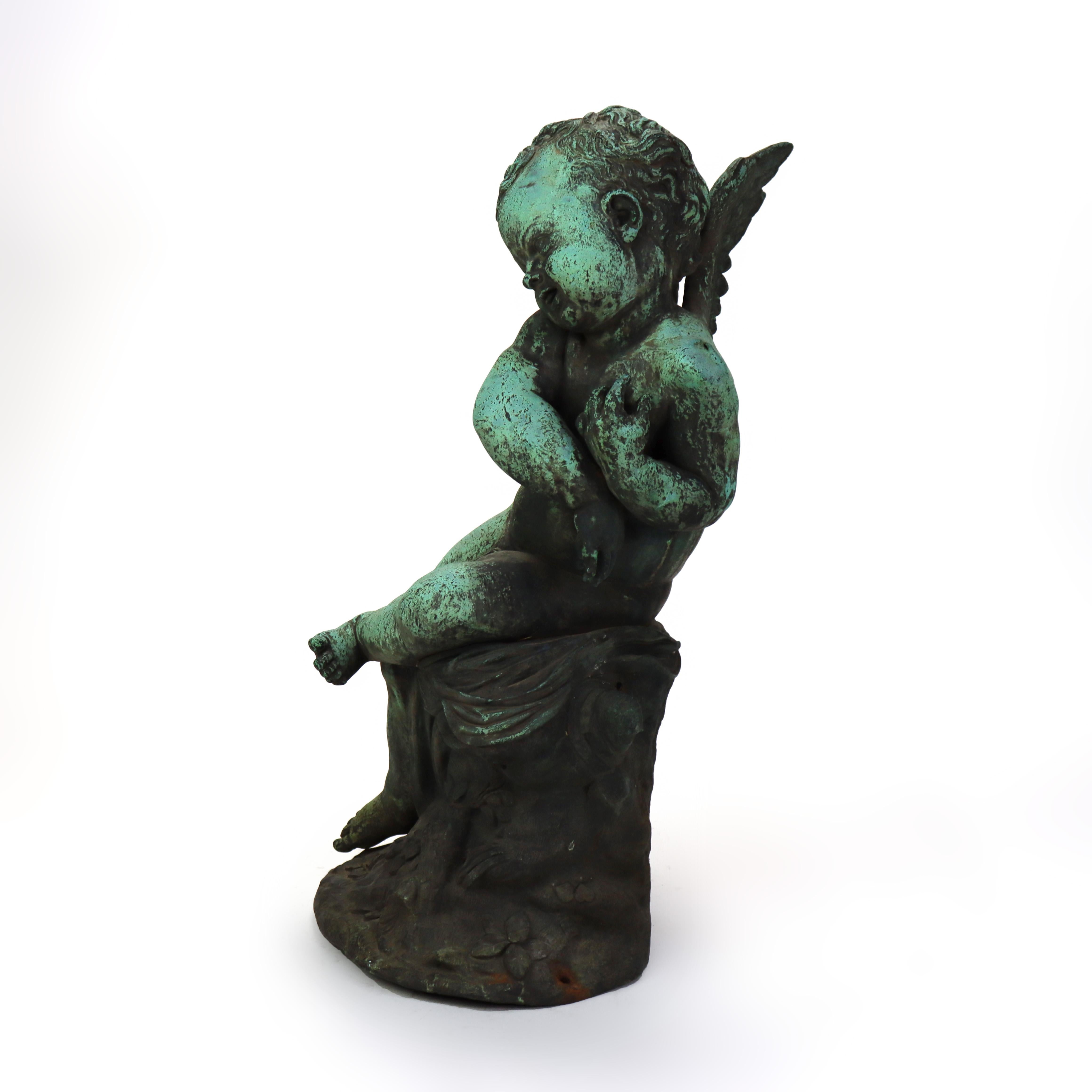 Antique Classical Verdigris Bronze Cherub Fountain Figure 19thC For Sale 3