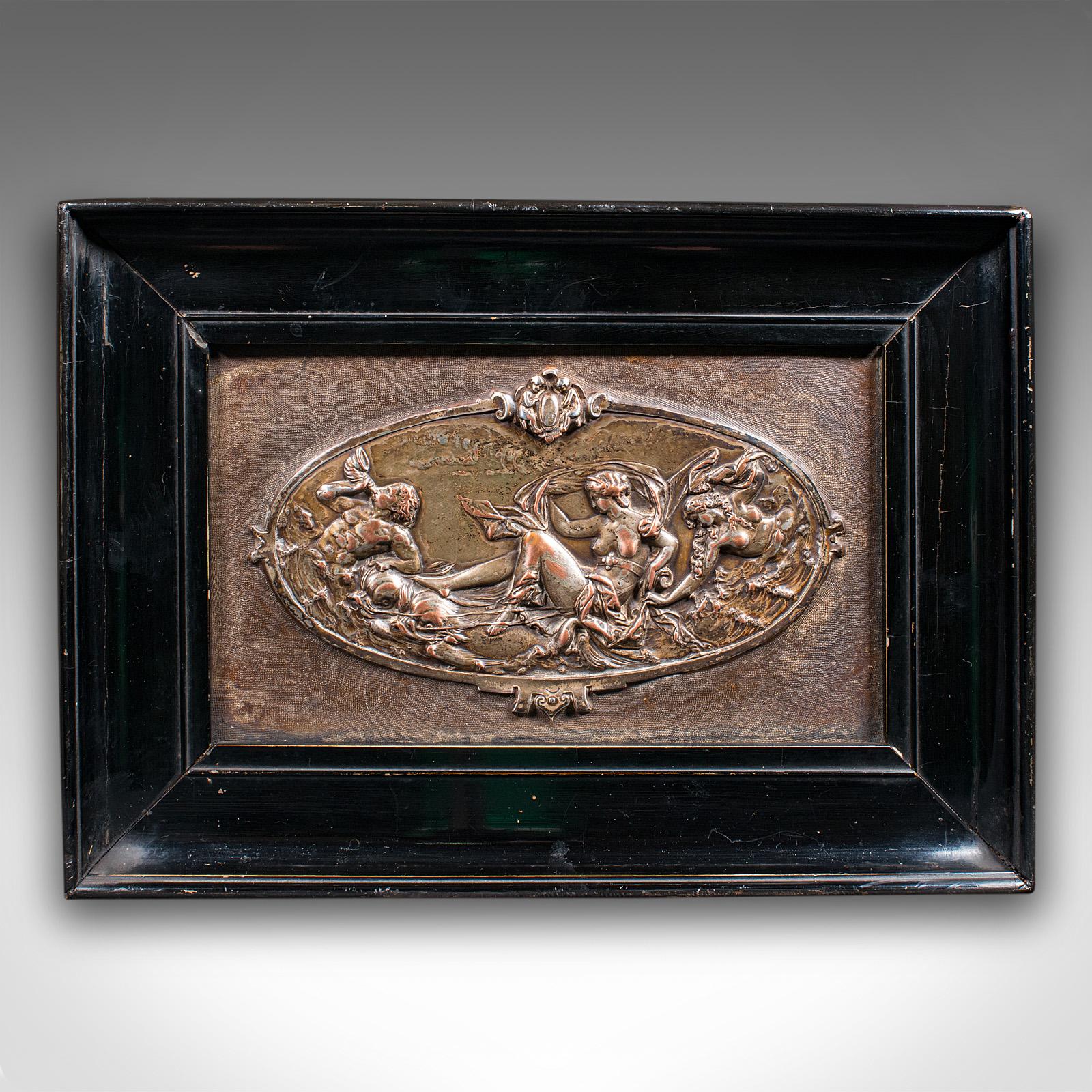 This is an antique classical wall frieze. A Continental, silvered copper Grand Tour relief plaque in later frame, dating to the late Victorian period, circa 1880.

Wonderful classical mythology scene in charming relief
Displays a desirable aged