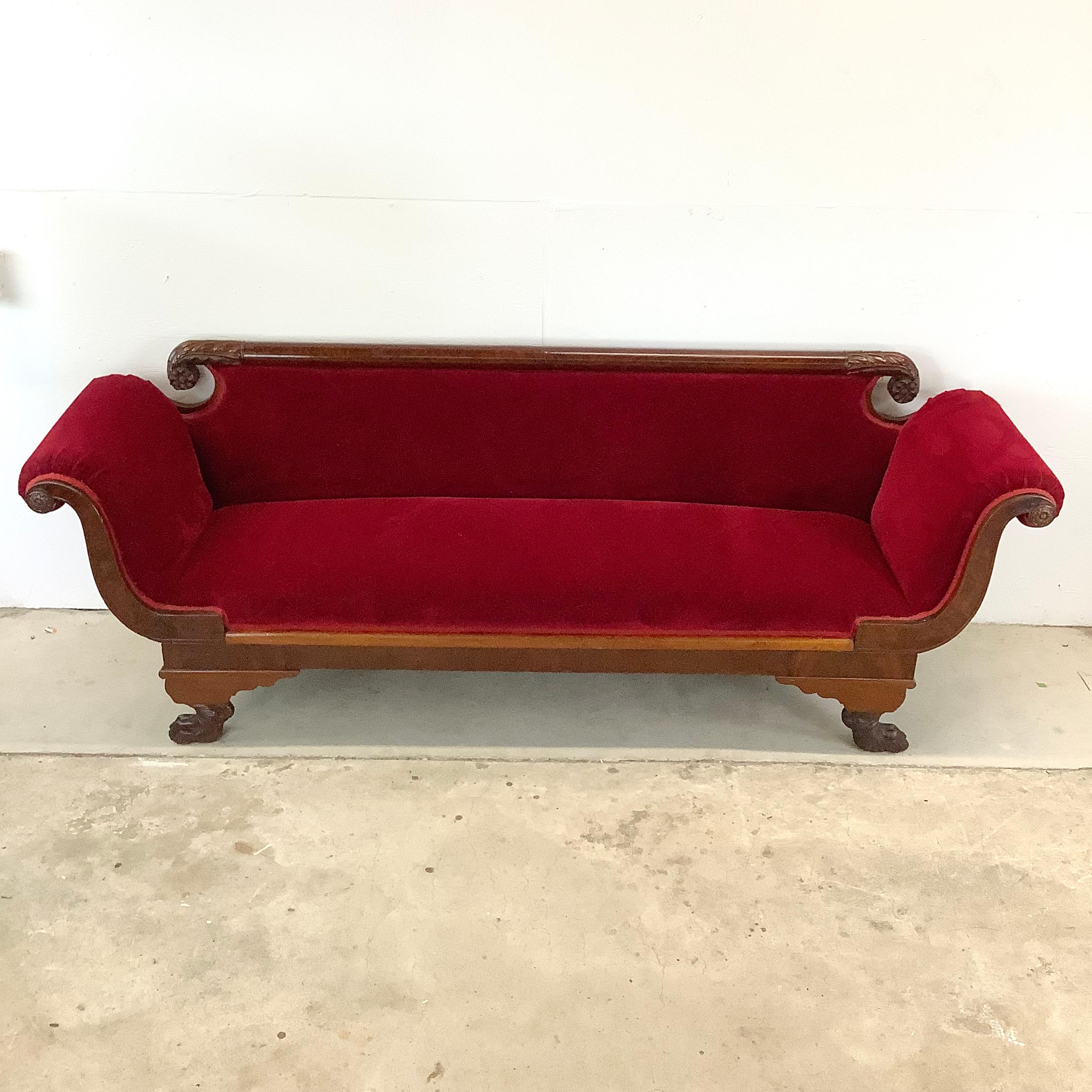 Antique Clawfoot Empire Sofa With Red Velveteen 4