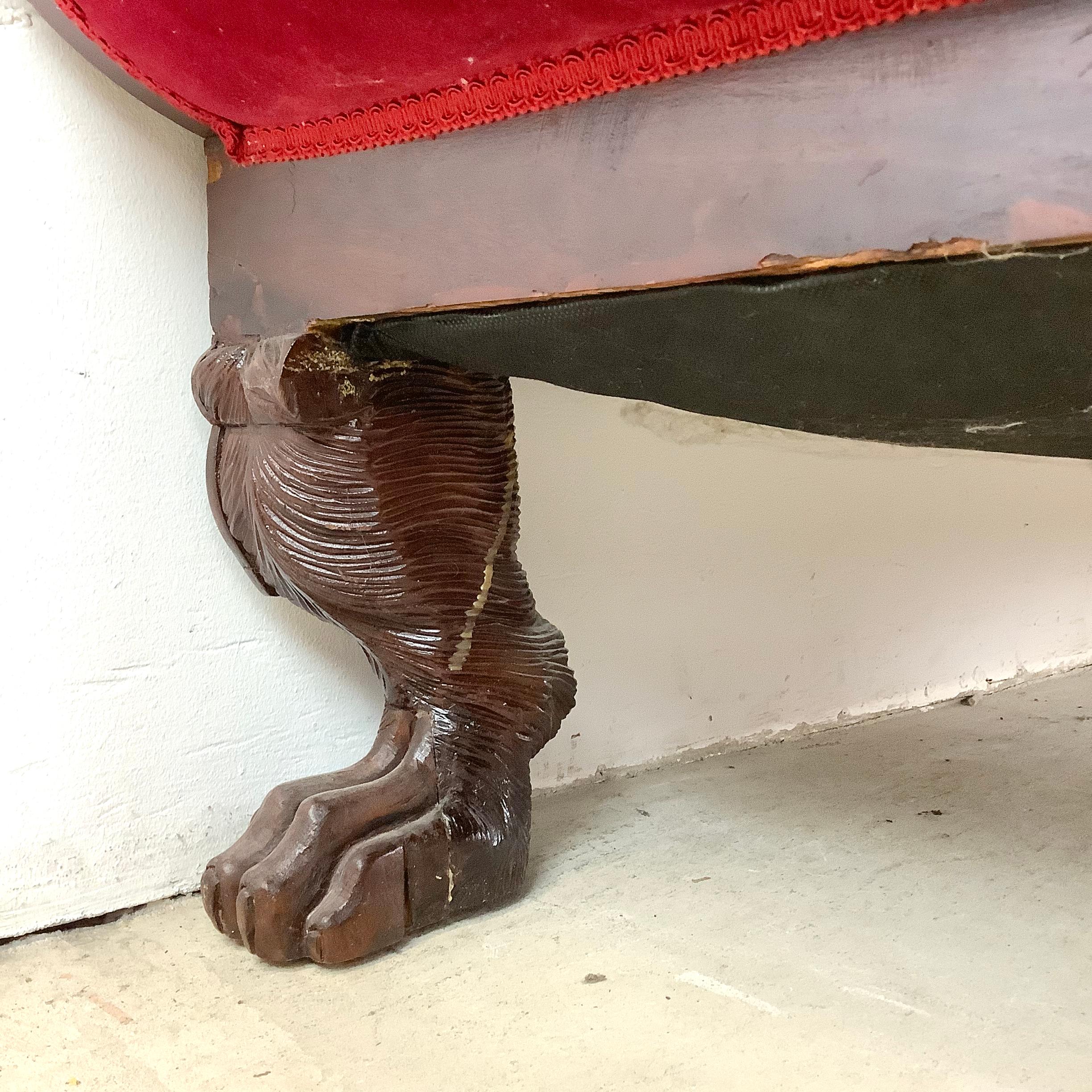 Antique Clawfoot Empire Sofa With Red Velveteen 12