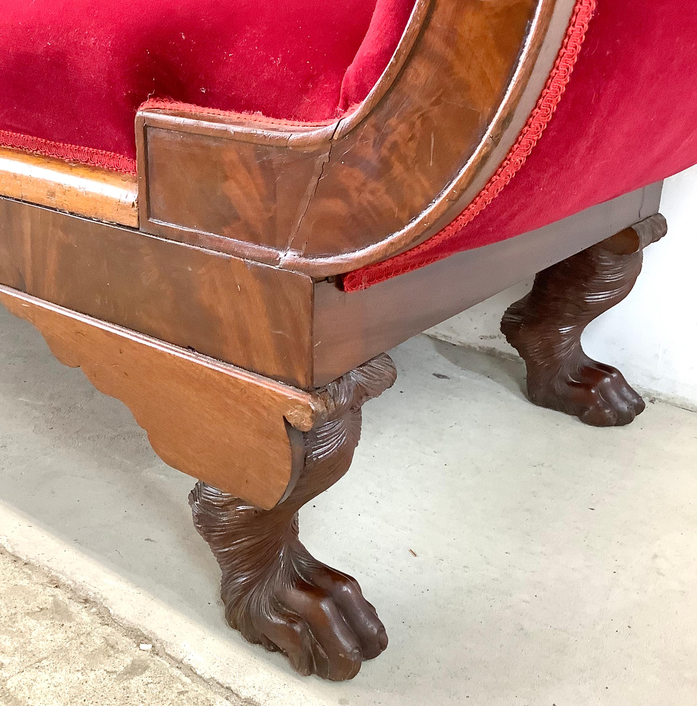 Antique Clawfoot Empire Sofa With Red Velveteen 14