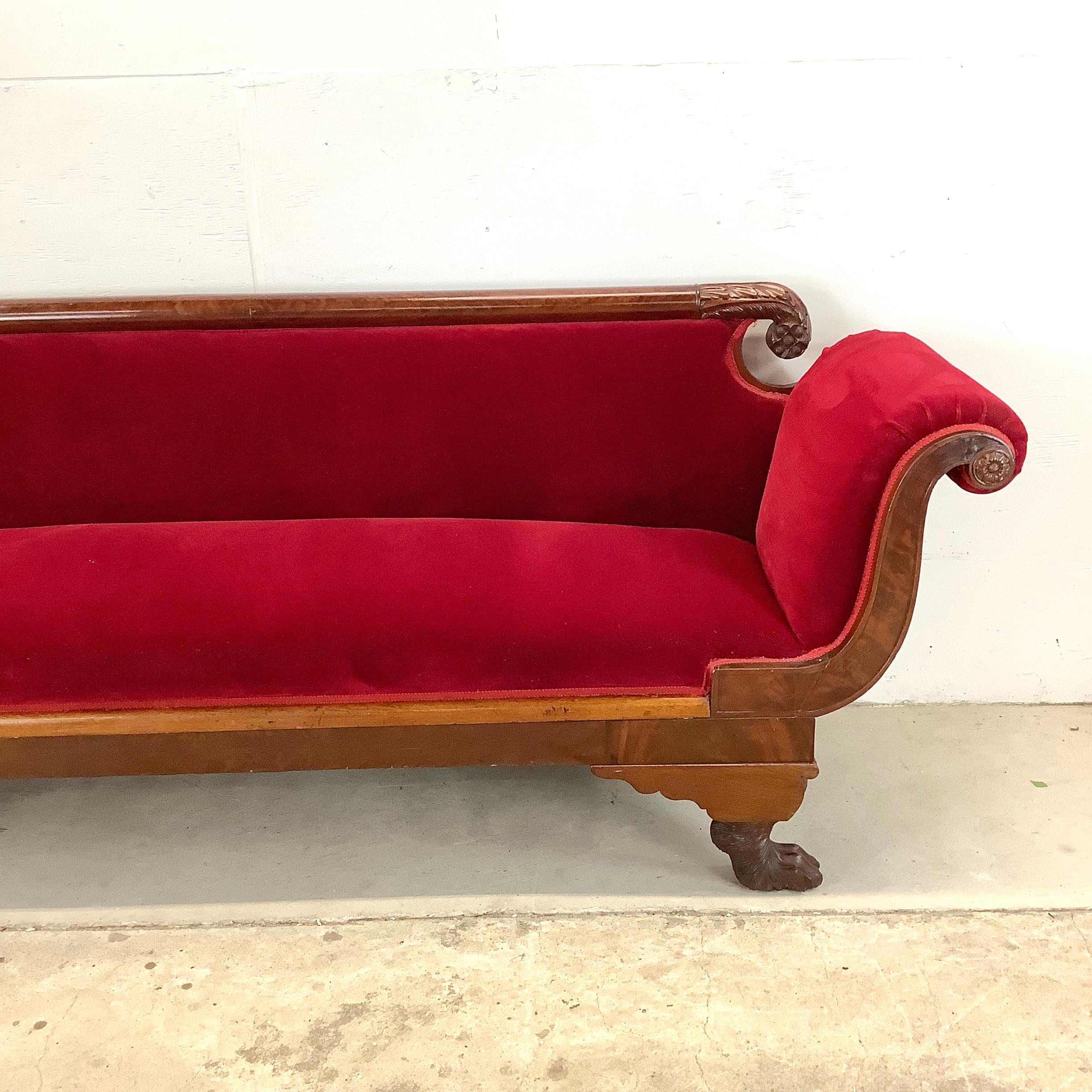 Unknown Antique Clawfoot Empire Sofa With Red Velveteen