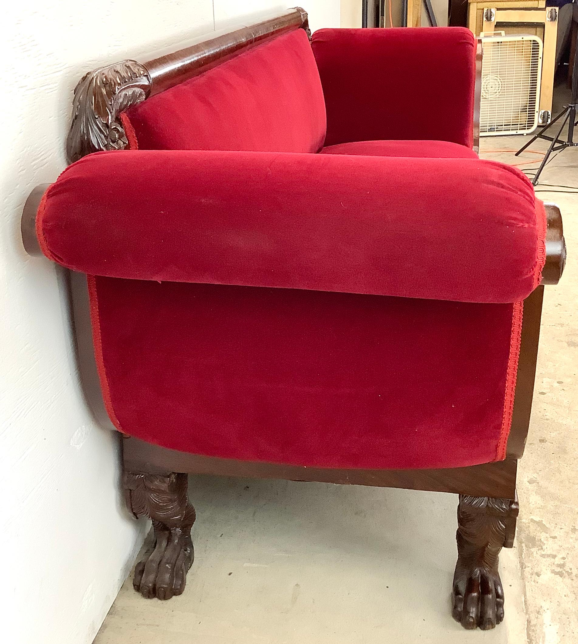 19th Century Antique Clawfoot Empire Sofa With Red Velveteen