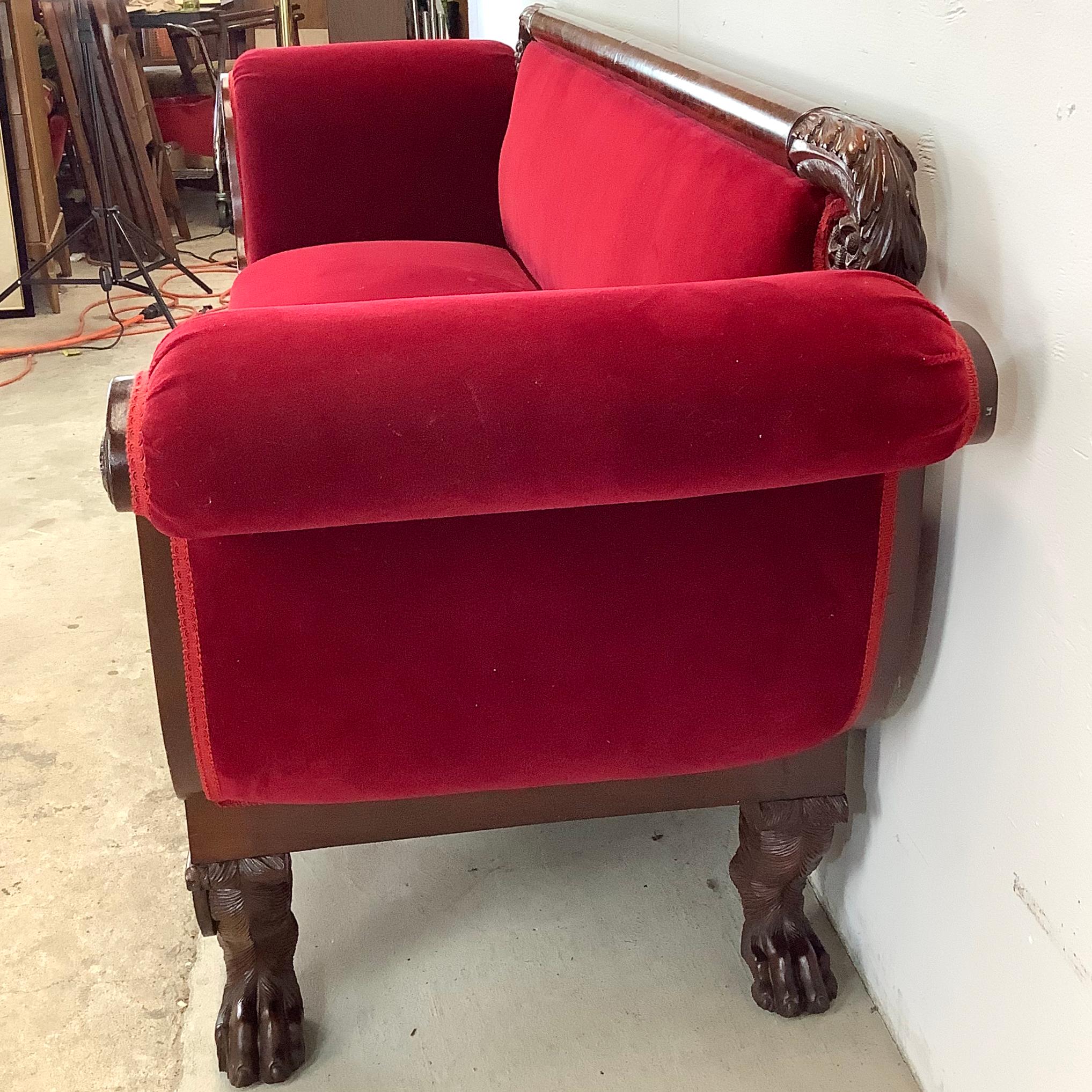 Antique Clawfoot Empire Sofa With Red Velveteen 1