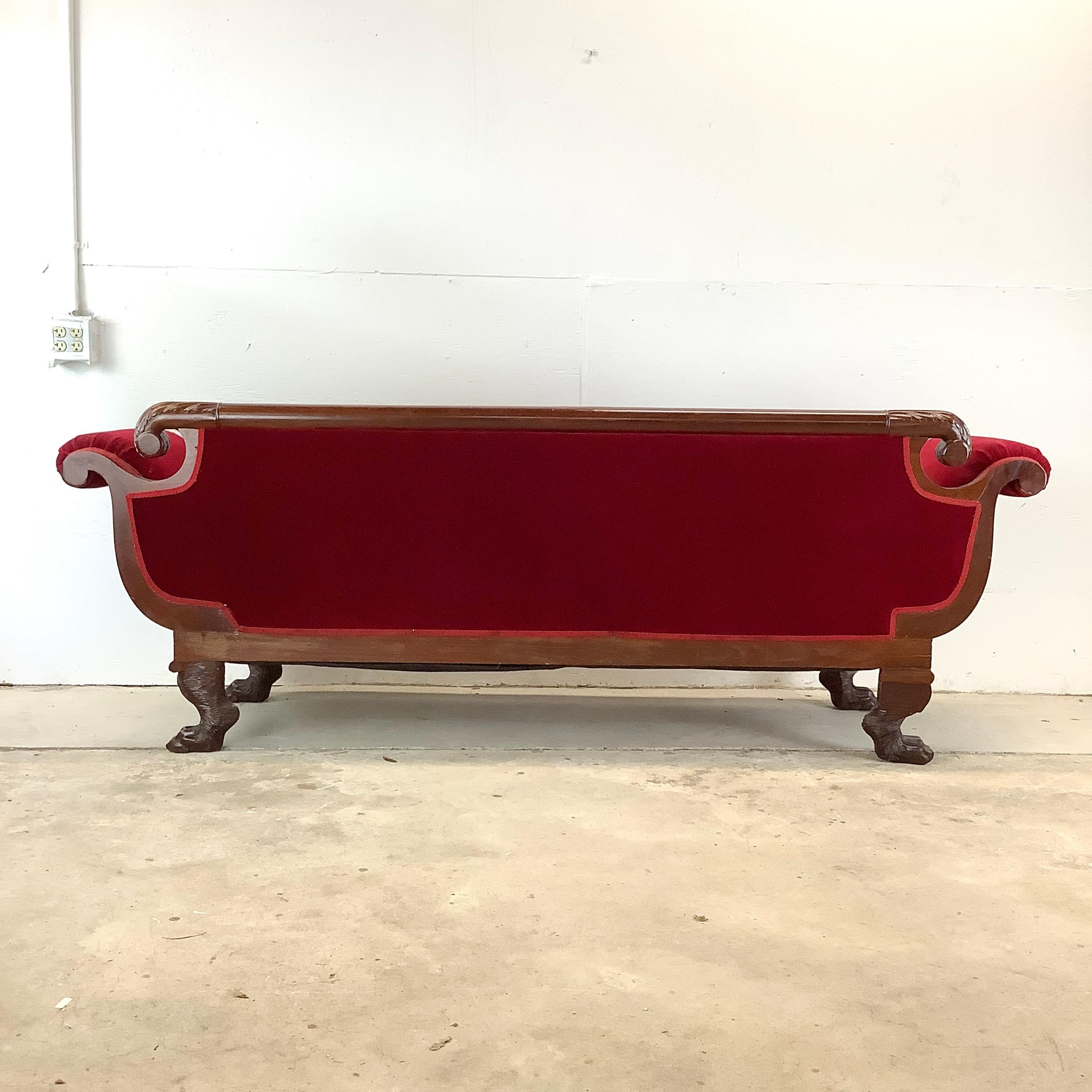Antique Clawfoot Empire Sofa With Red Velveteen 2