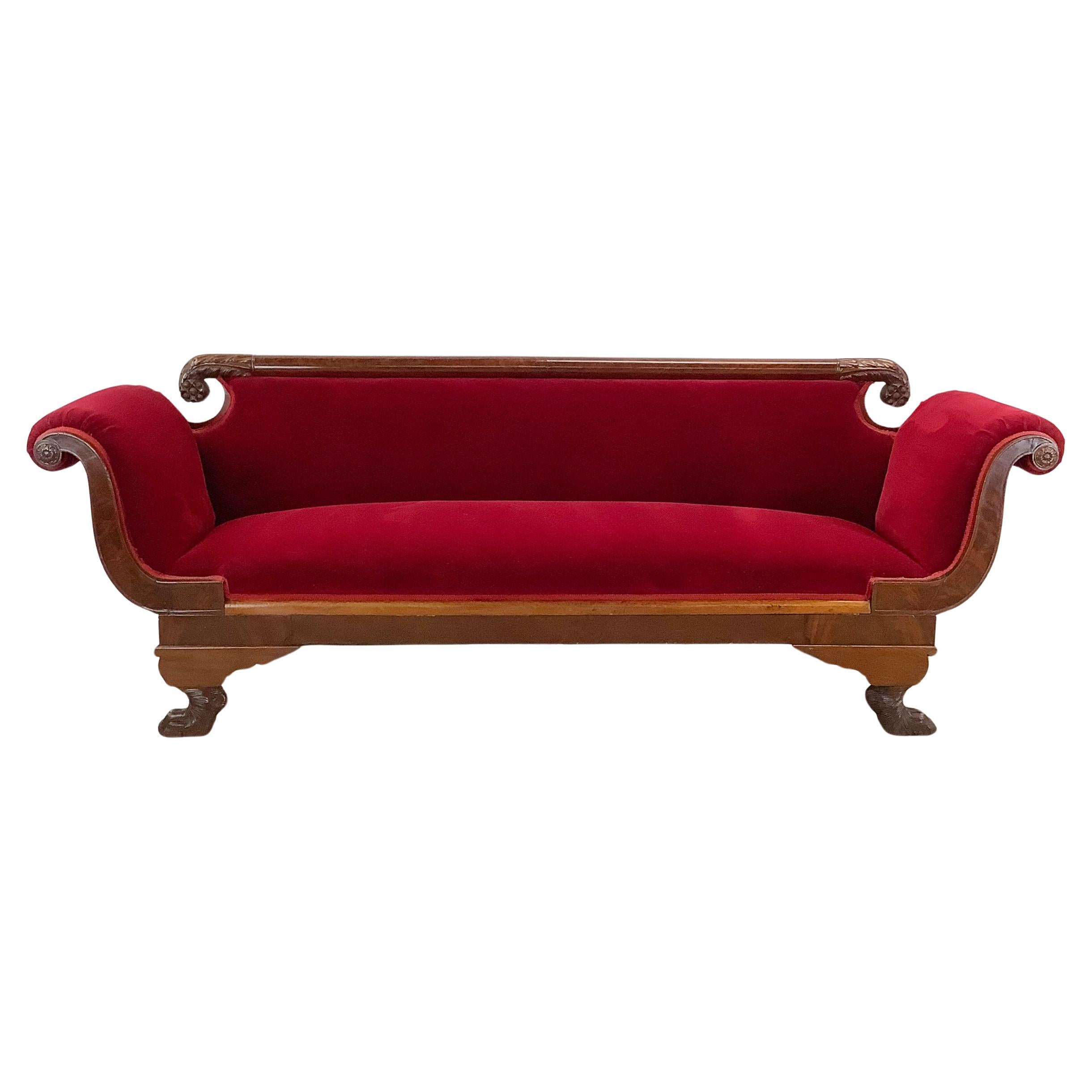 Antique Clawfoot Empire Sofa With Red Velveteen