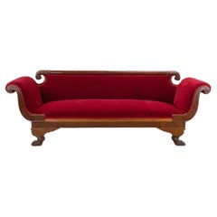Antique Clawfoot Empire Sofa With Red Velveteen