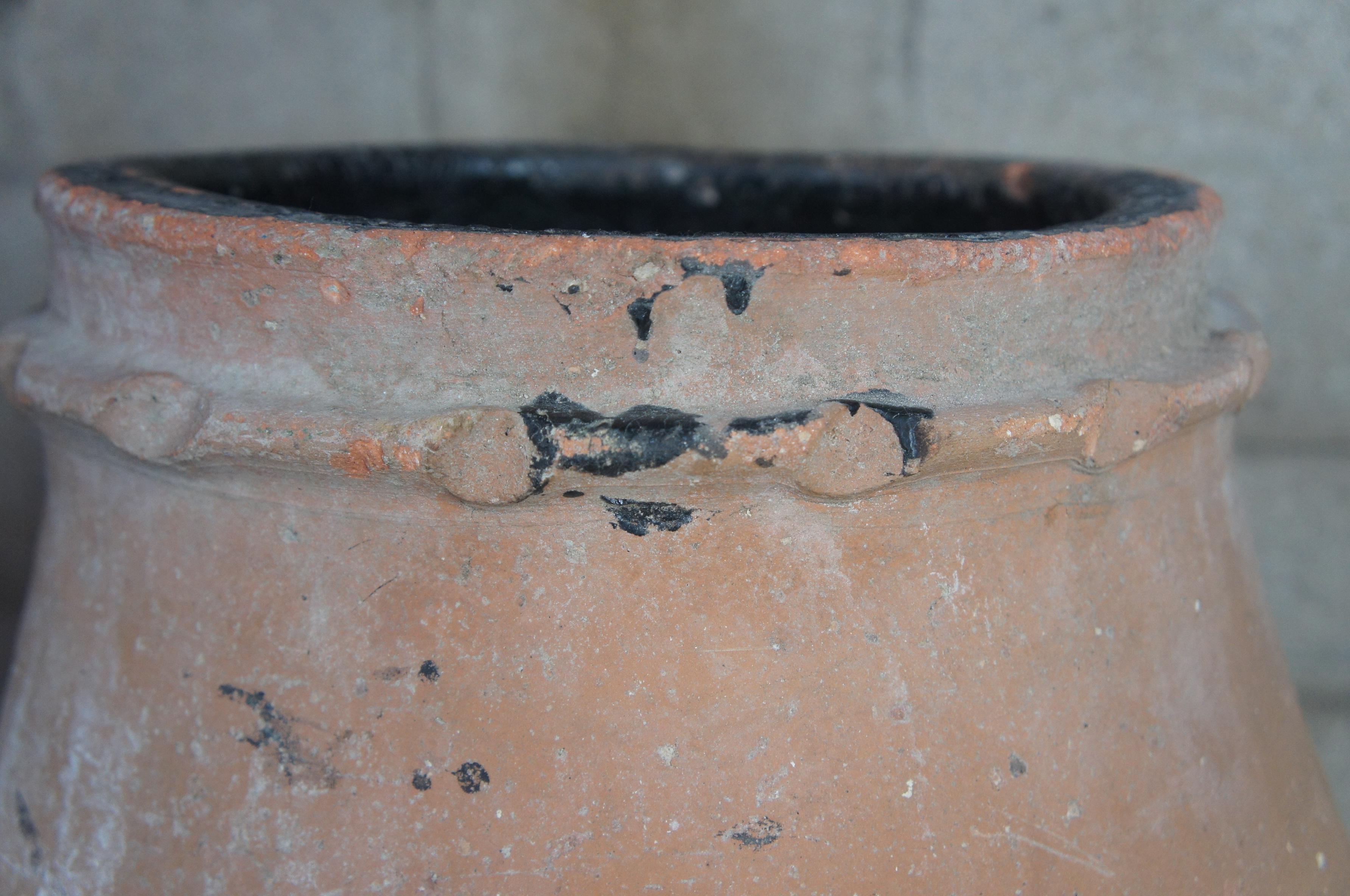 Antique Clay Amphora Vessel Floor Vase Primitive Greek Earthenware Pottery In Good Condition For Sale In Dayton, OH