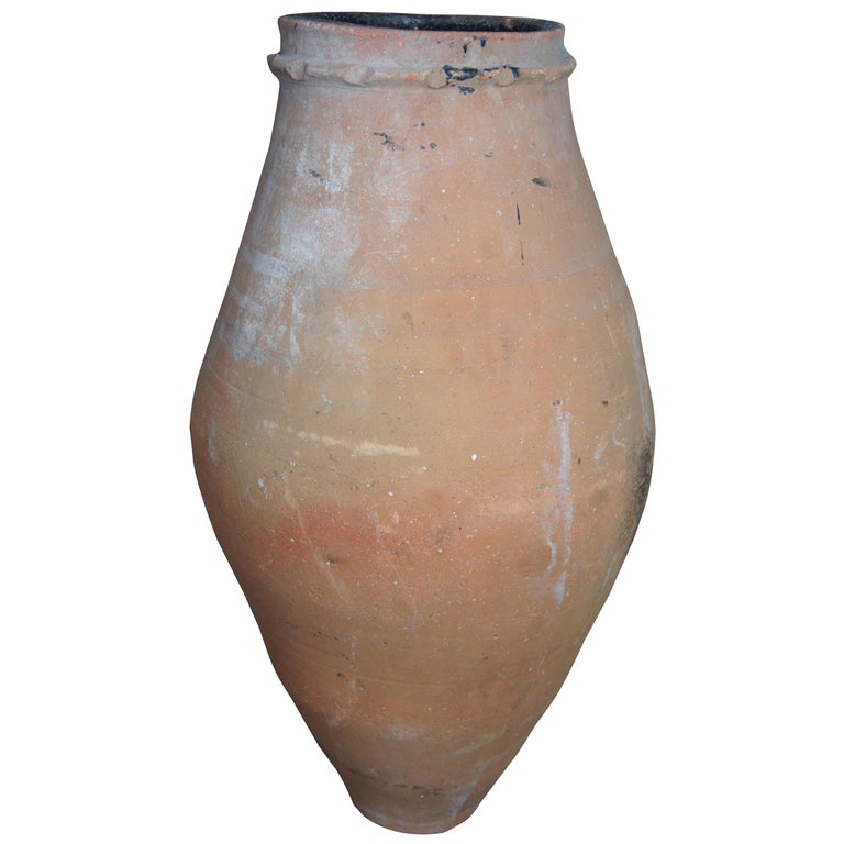 Antique Clay Amphora Vessel Floor Vase Primitive Greek Earthenware Pottery For Sale