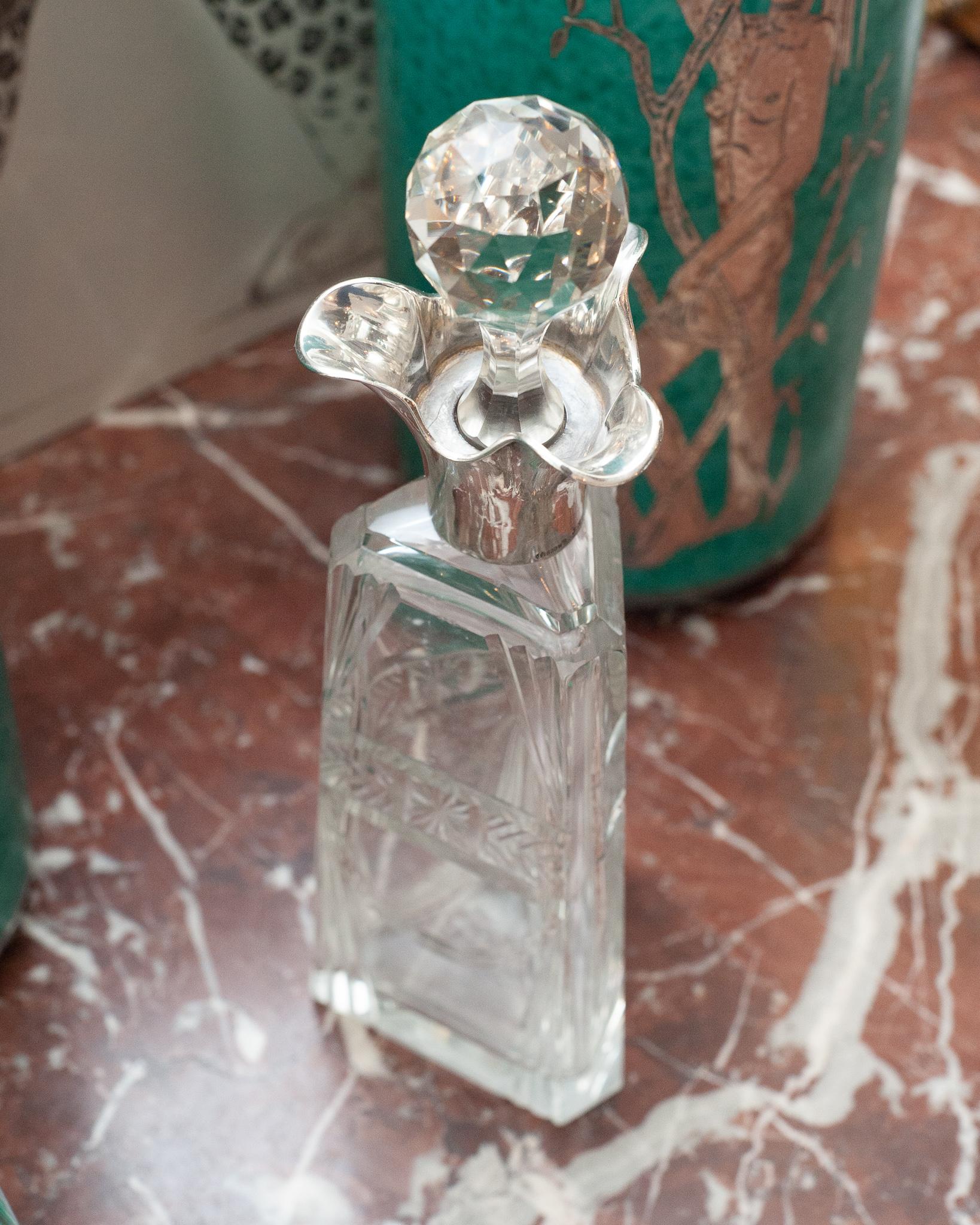 Antique Clear Cut Crystal Decanter with 800 Silver Flared Spout In Good Condition In Toronto, ON