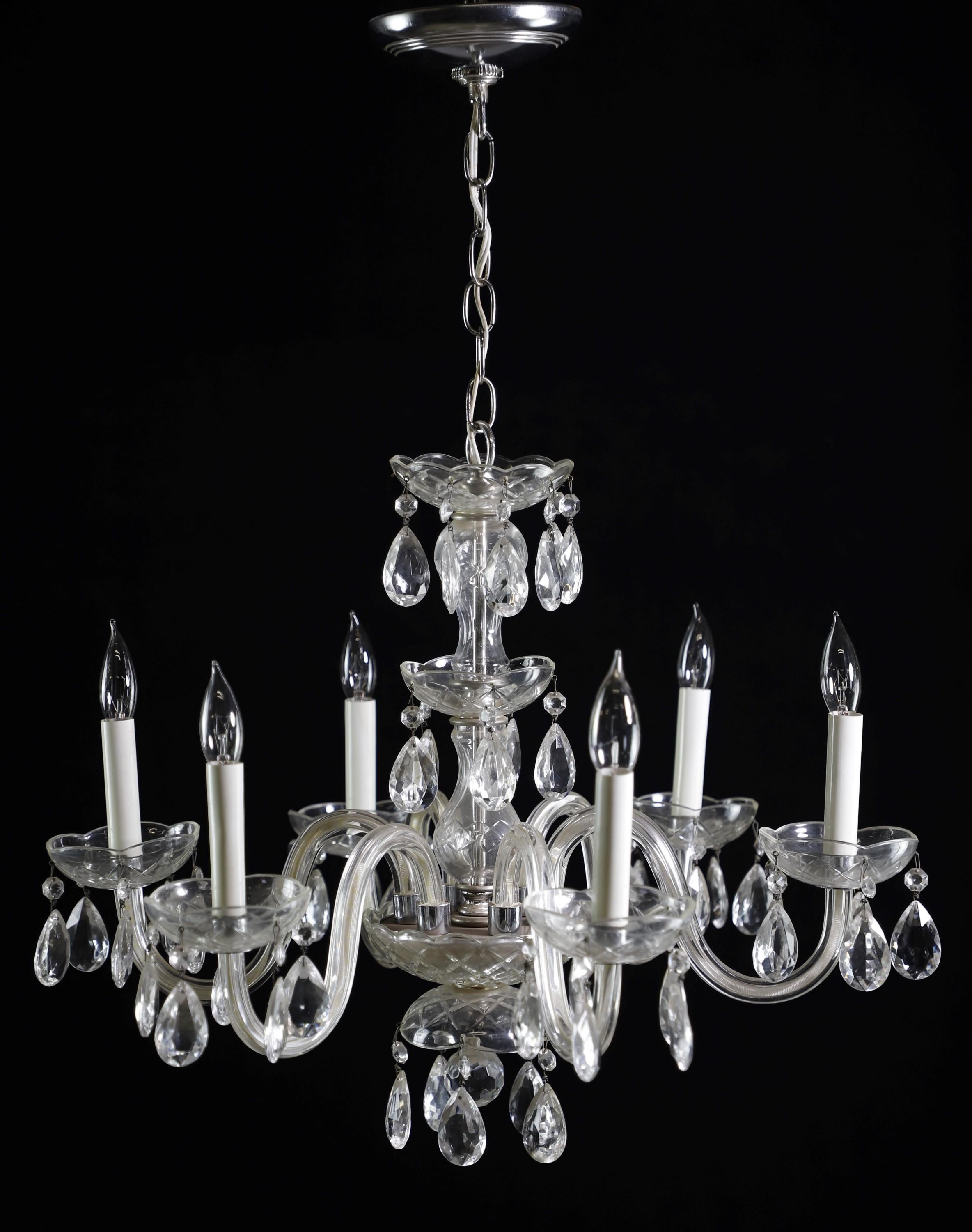 Six arm etched crystal chandelier. Cleaned and restored. Takes six candelabra light bulbs. The price includes restoration of cleaning, rewiring, and crystal replacement. Please note, this item is located in our Scranton, PA location.