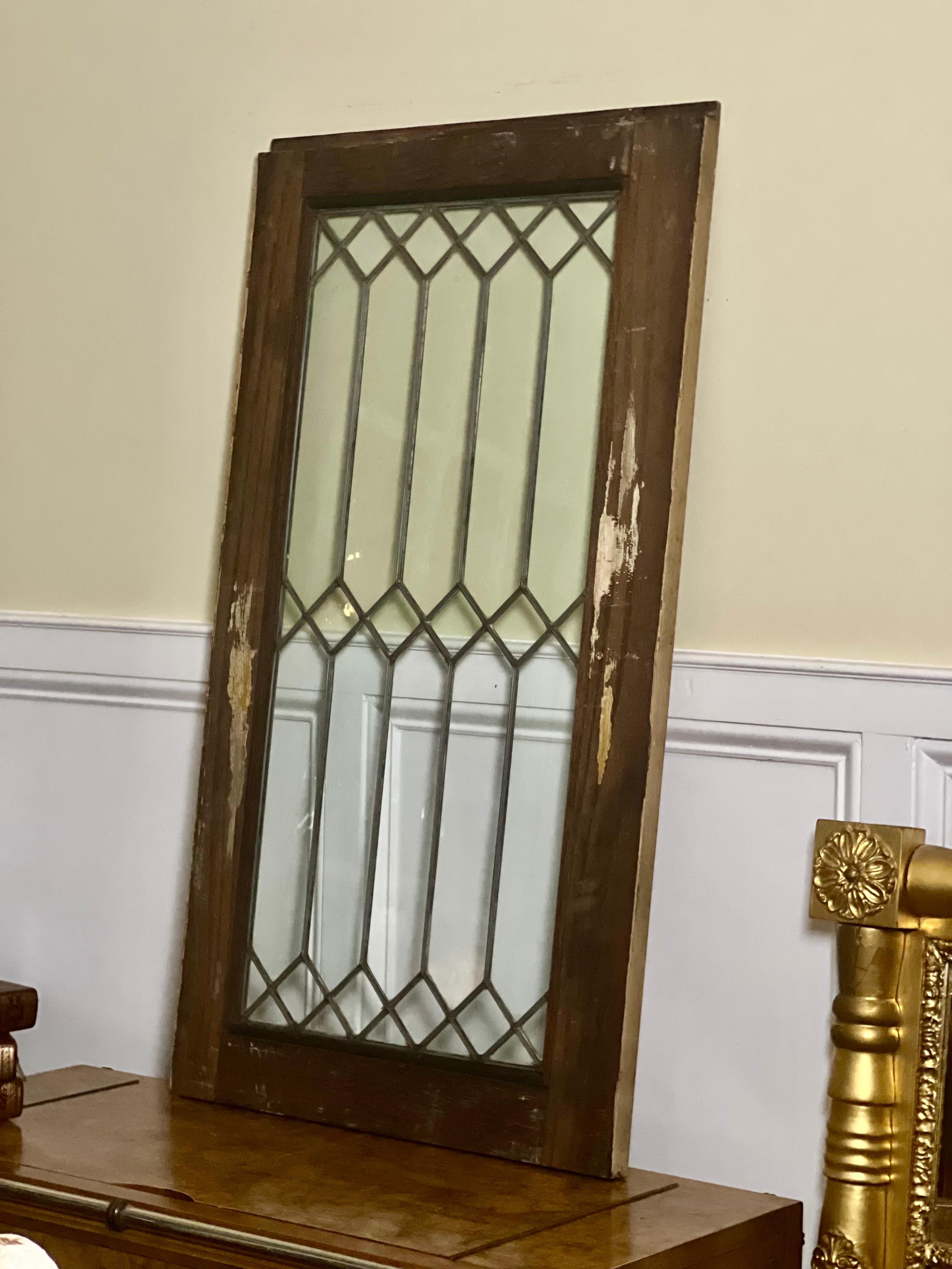 Antique Clear Leaded Glass Window with Wood Frame For Sale 12