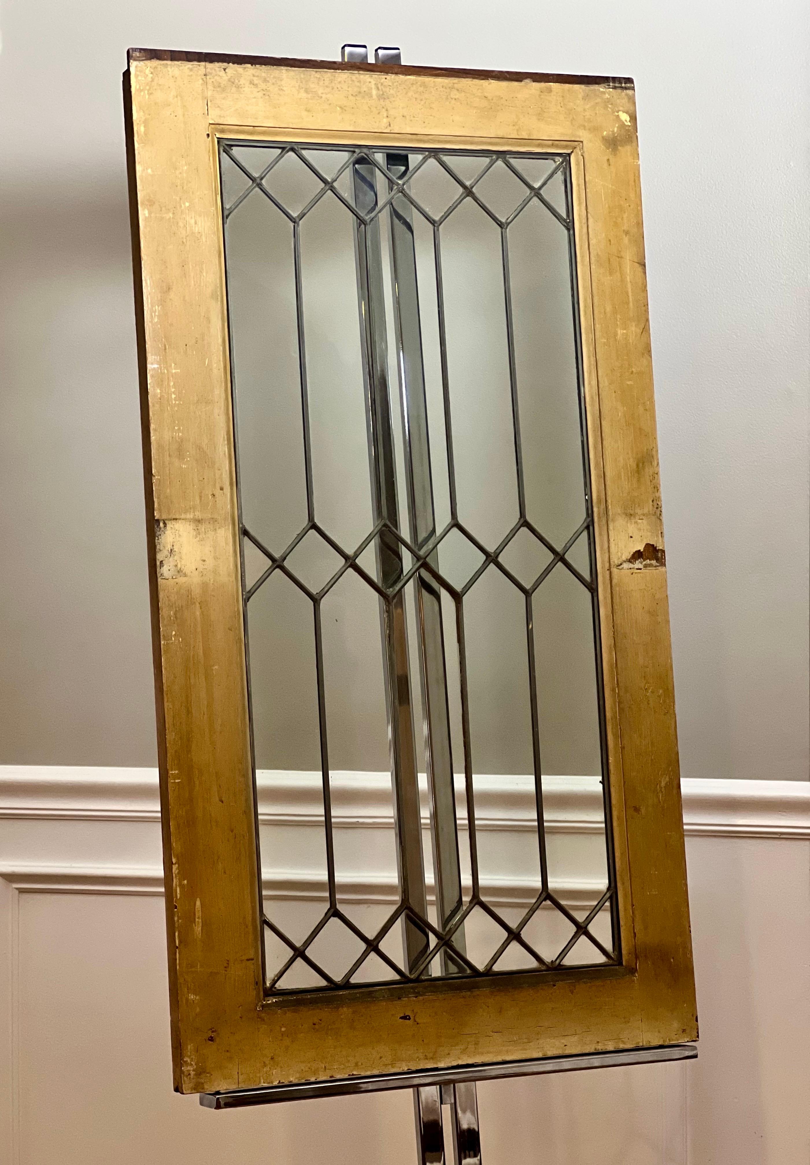 Mission Antique Clear Leaded Glass Window with Wood Frame For Sale
