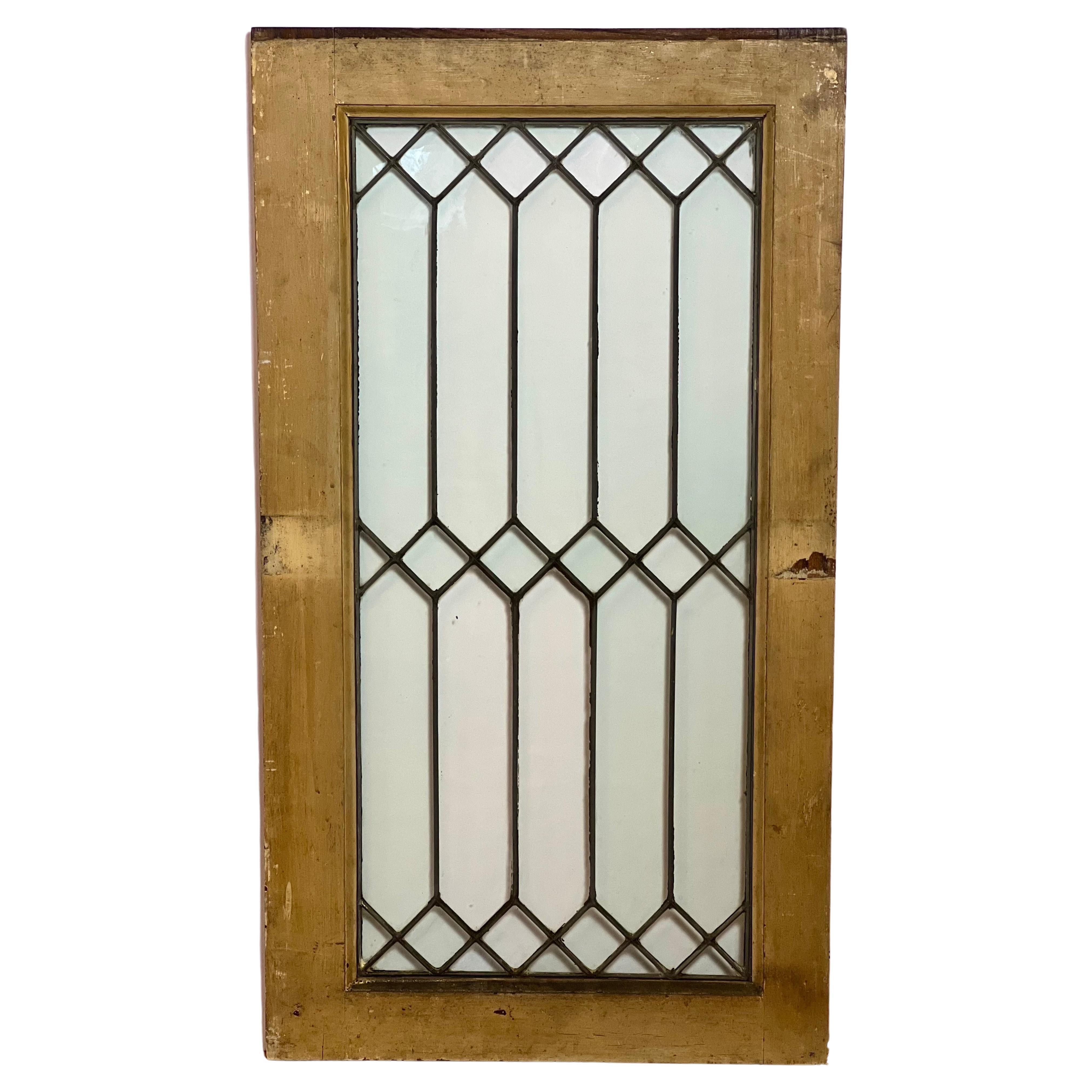 Antique Clear Leaded Glass Window with Wood Frame For Sale