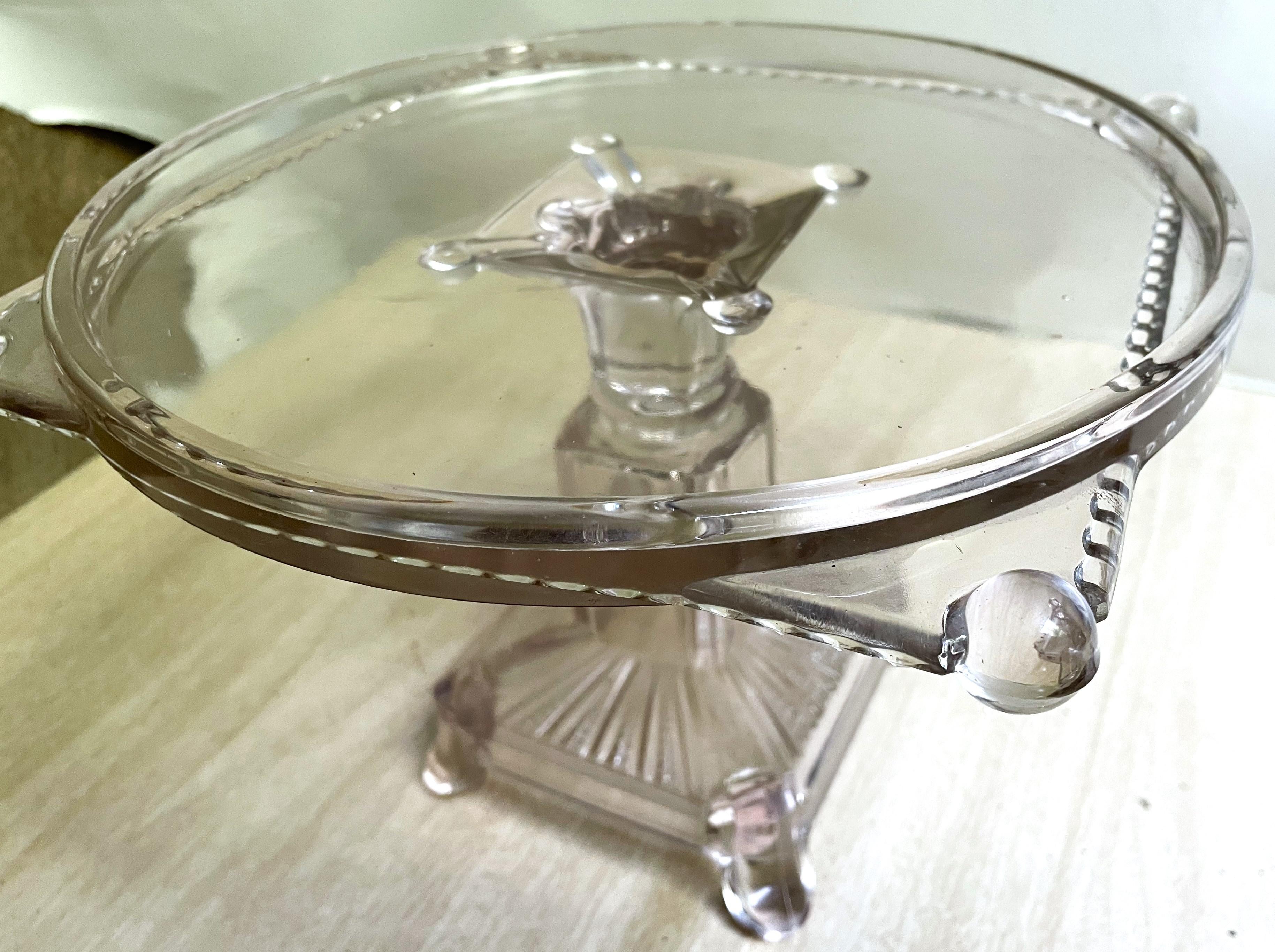 Antique Clear Pressed Glass Pedestal Patisserie Cake Stand Serving Plate Square For Sale 6
