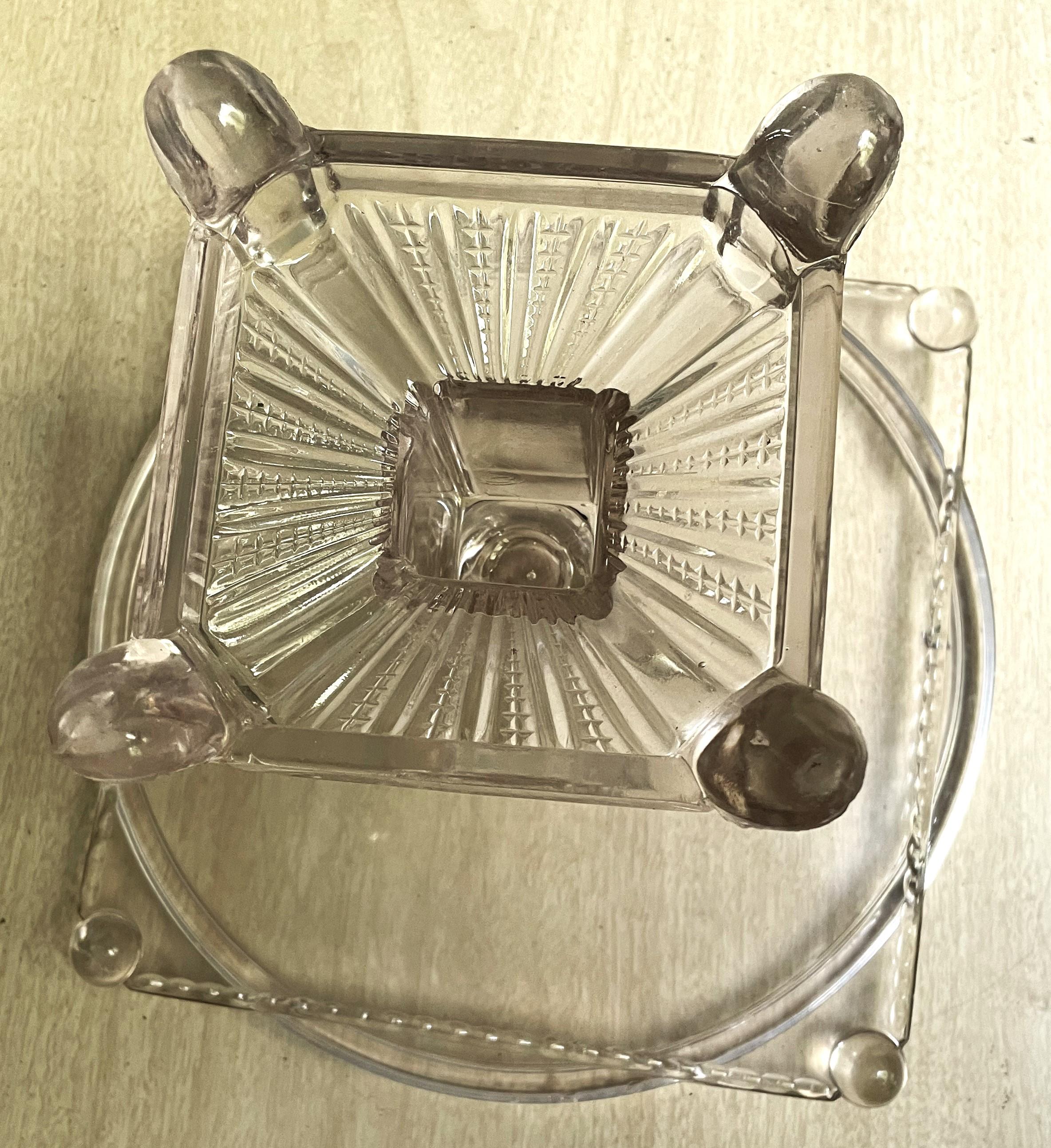 Antique Clear Pressed Glass Pedestal Patisserie Cake Stand Serving Plate Square For Sale 7