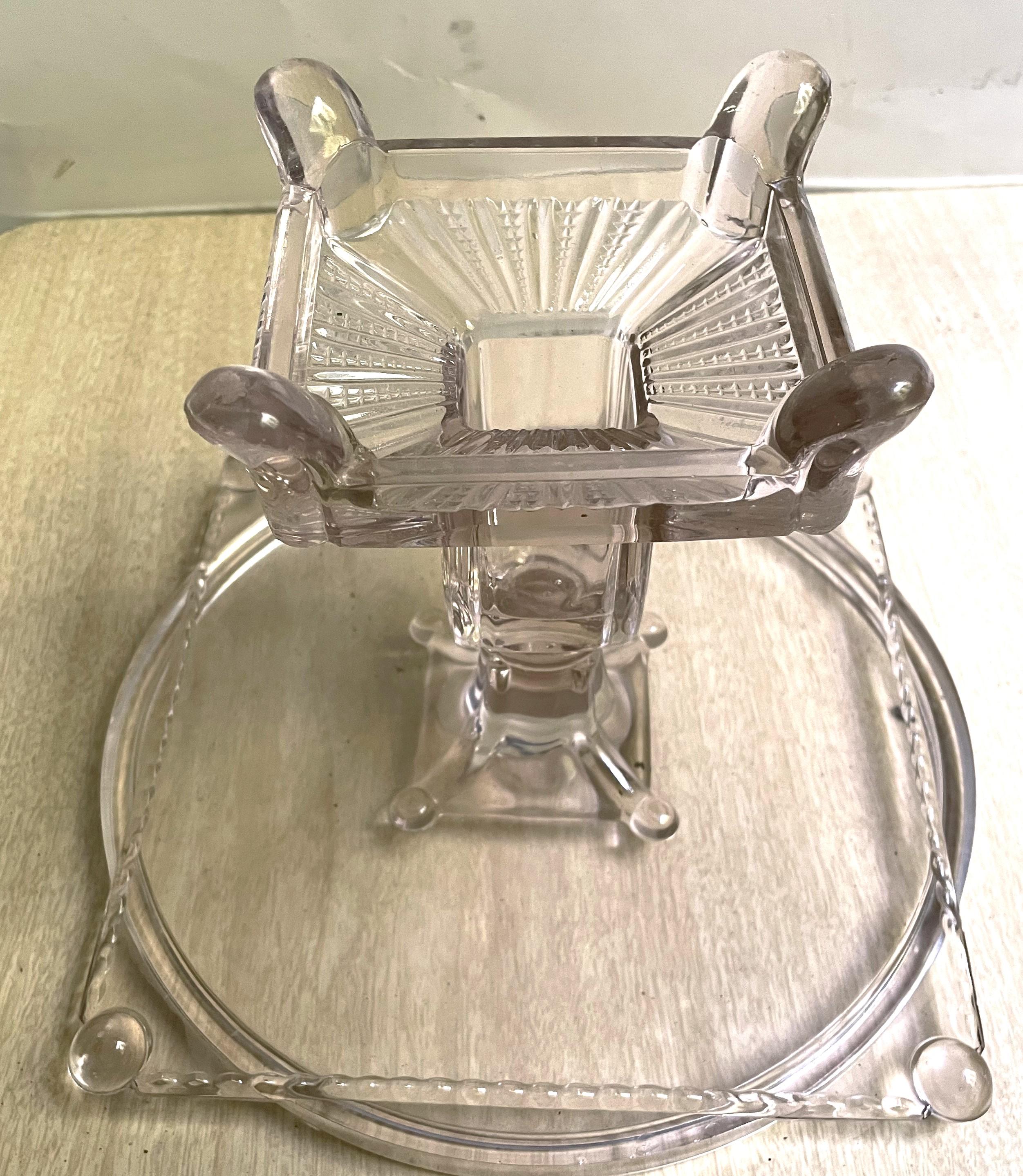 Antique Clear Pressed Glass Pedestal Patisserie Cake Stand Serving Plate Square For Sale 8