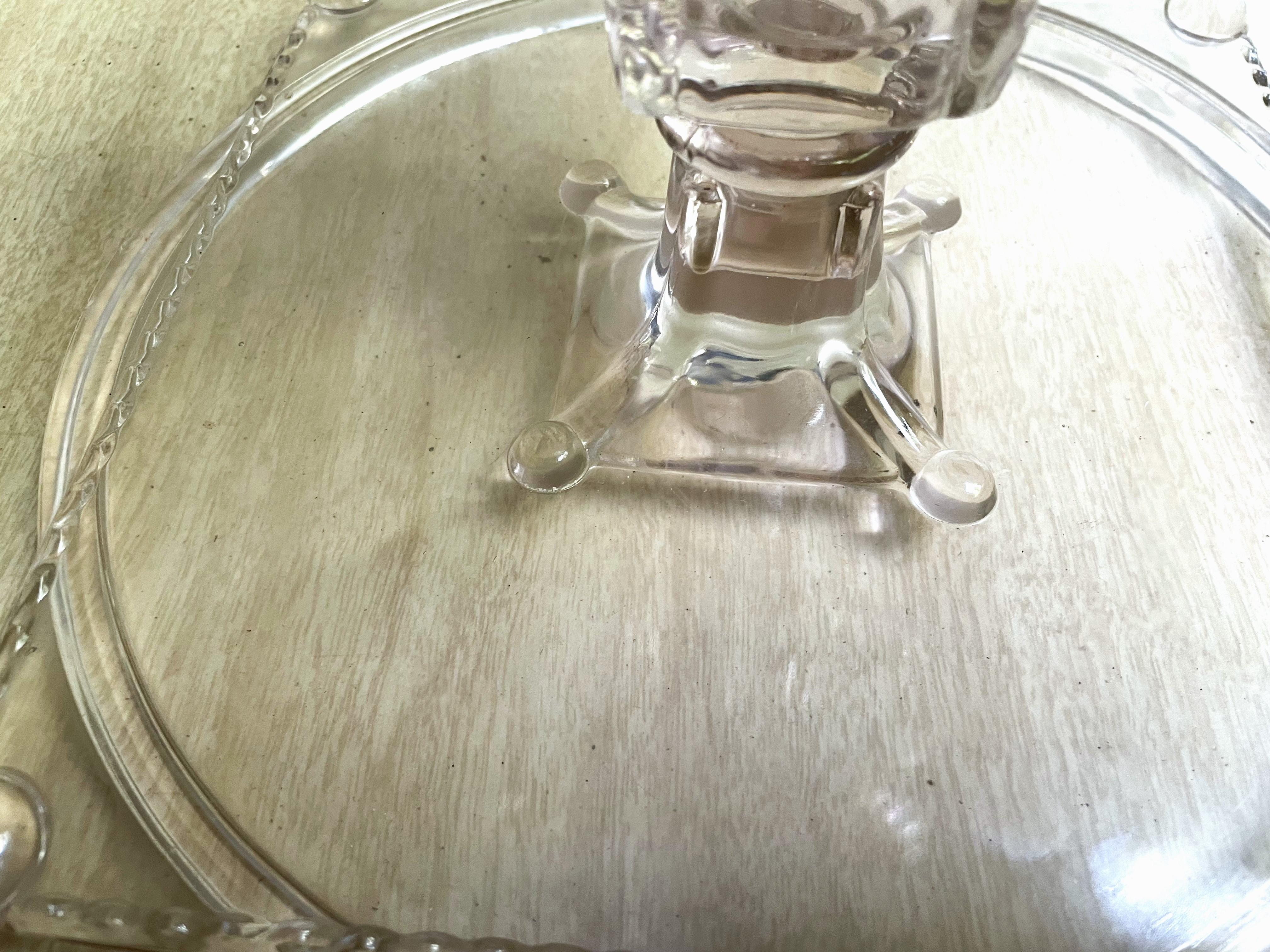 Antique Clear Pressed Glass Pedestal Patisserie Cake Stand Serving Plate Square For Sale 9