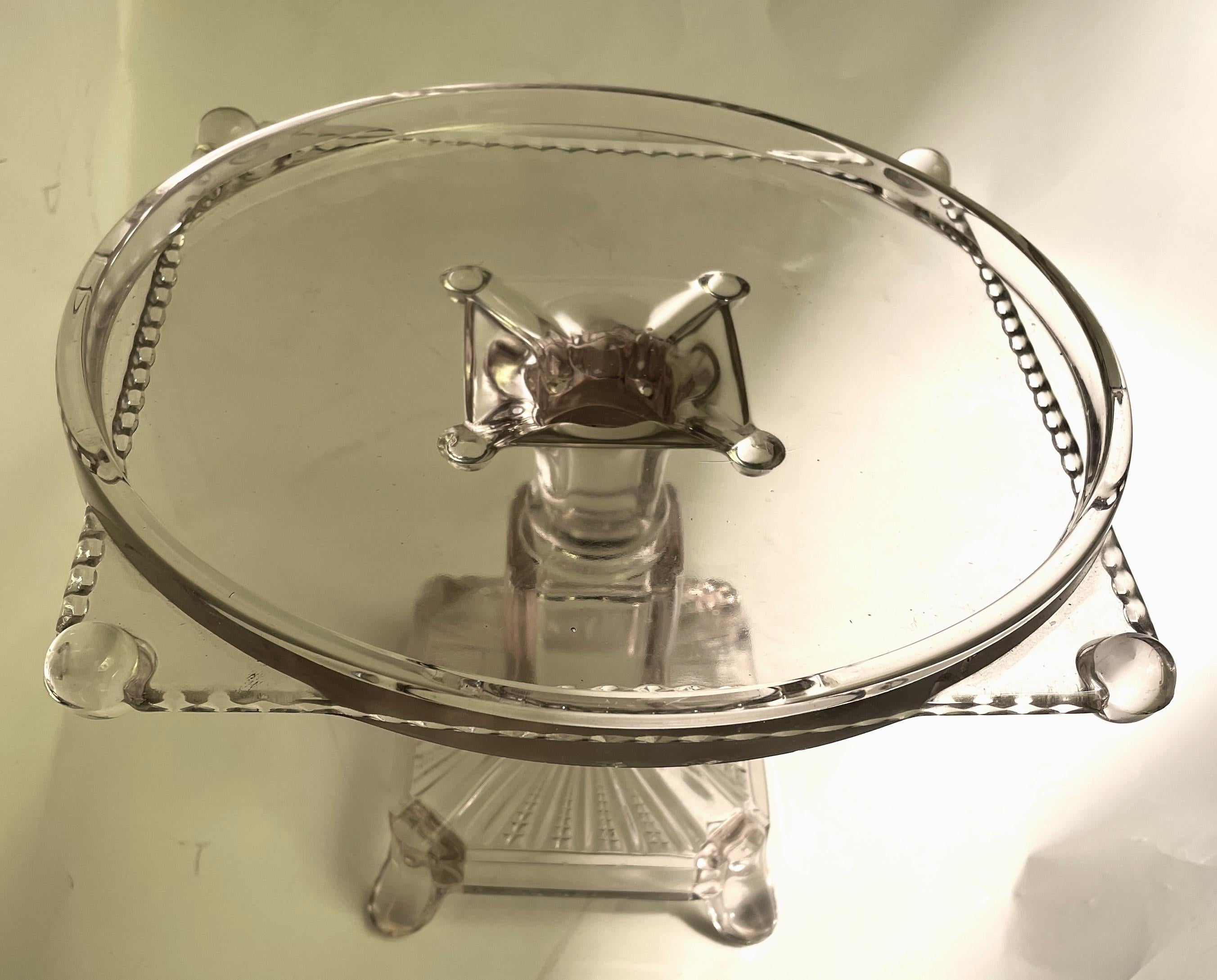 Unknown Antique Clear Pressed Glass Pedestal Patisserie Cake Stand Serving Plate Square For Sale