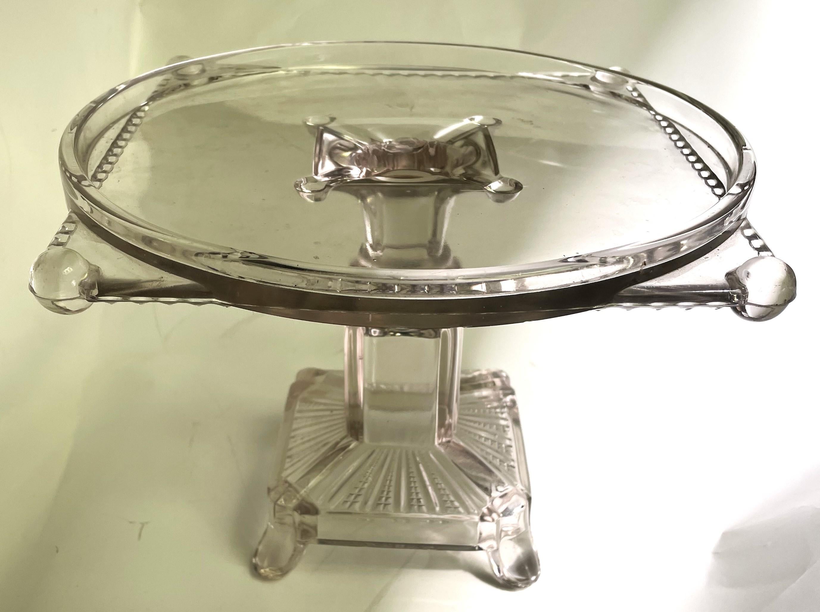Antique Clear Pressed Glass Pedestal Patisserie Cake Stand Serving Plate Square In Good Condition For Sale In Clifton Forge, VA
