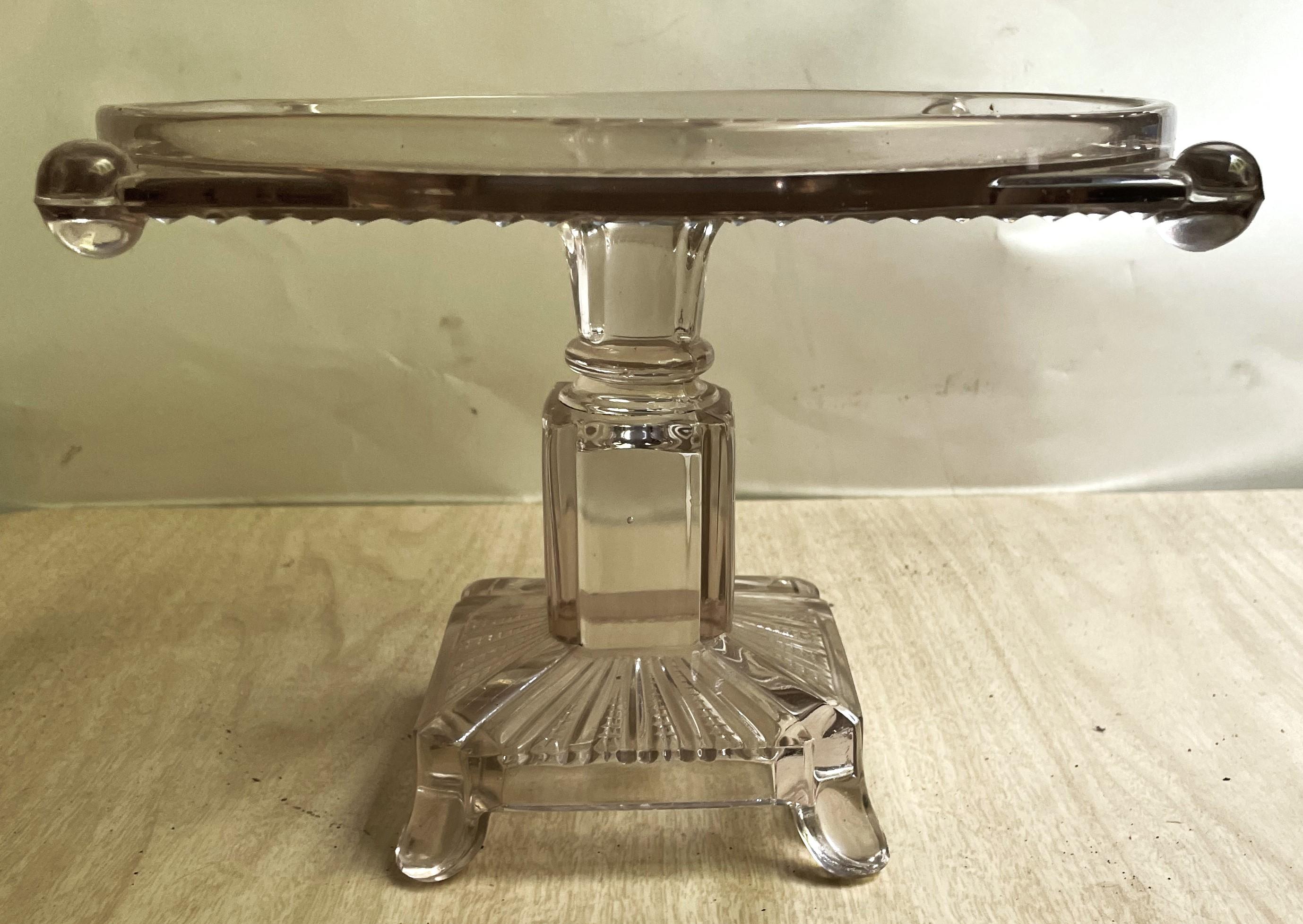 Antique Clear Pressed Glass Pedestal Patisserie Cake Stand Serving Plate Square For Sale 3