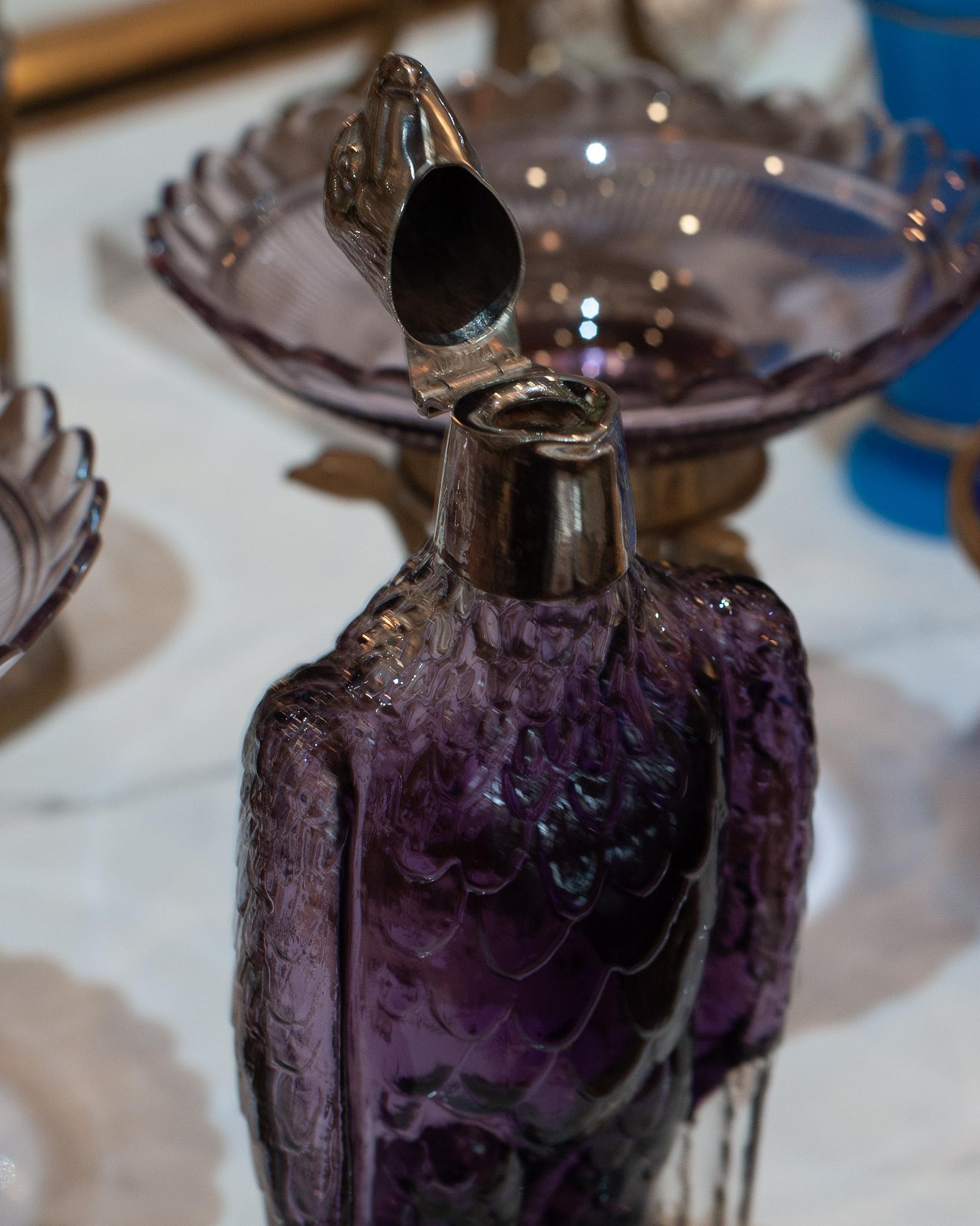 Antique Clear to Purple Crystal and Silver Eagle Decanter In Good Condition In Toronto, ON