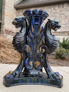 Antique Clement Massier French Art Nouveau Majolica Griffin Jardiniere Stand
