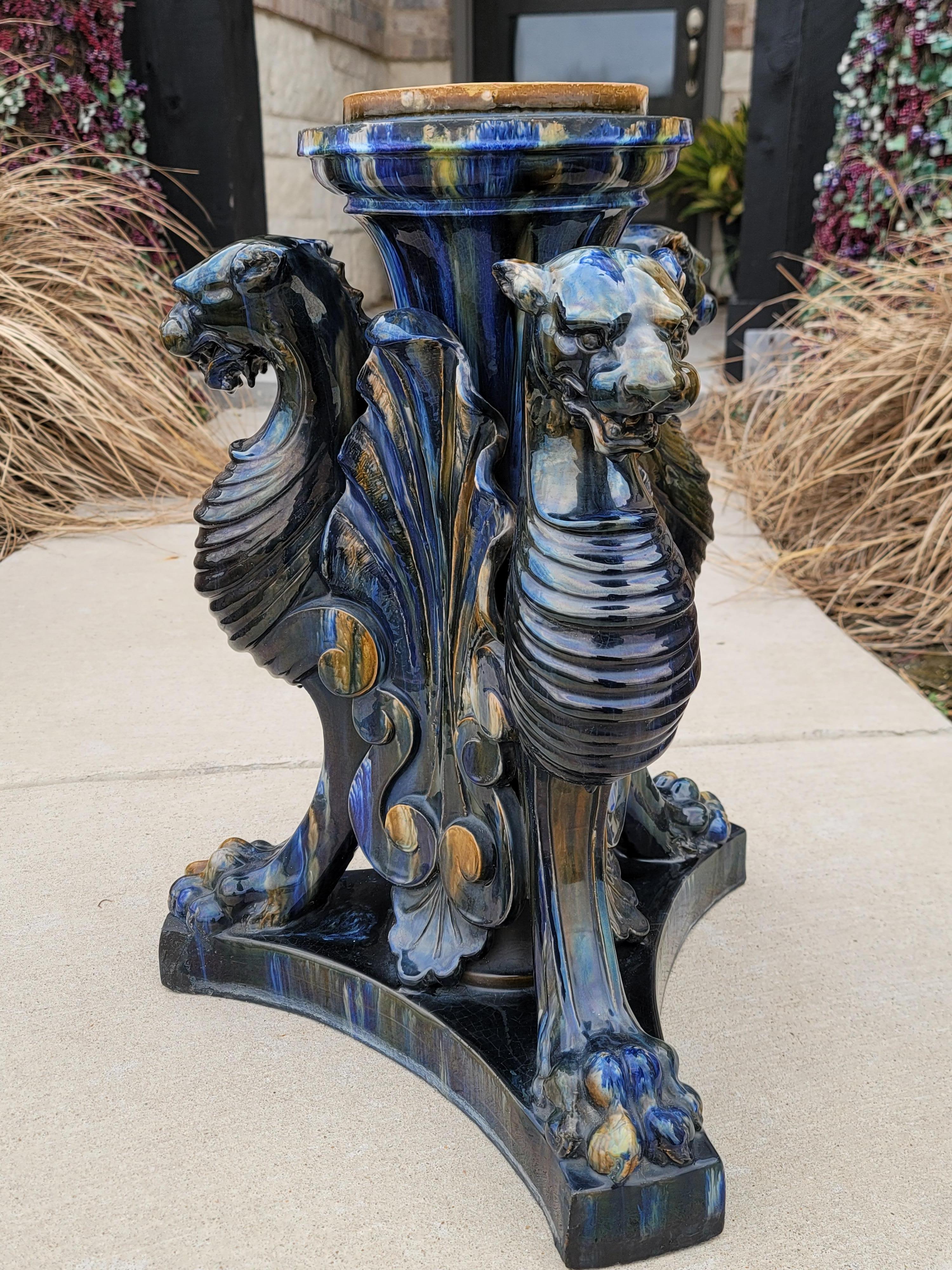 Antique Clement Massier French Art Nouveau Majolica Griffin Jardiniere Stand In Good Condition For Sale In Forney, TX