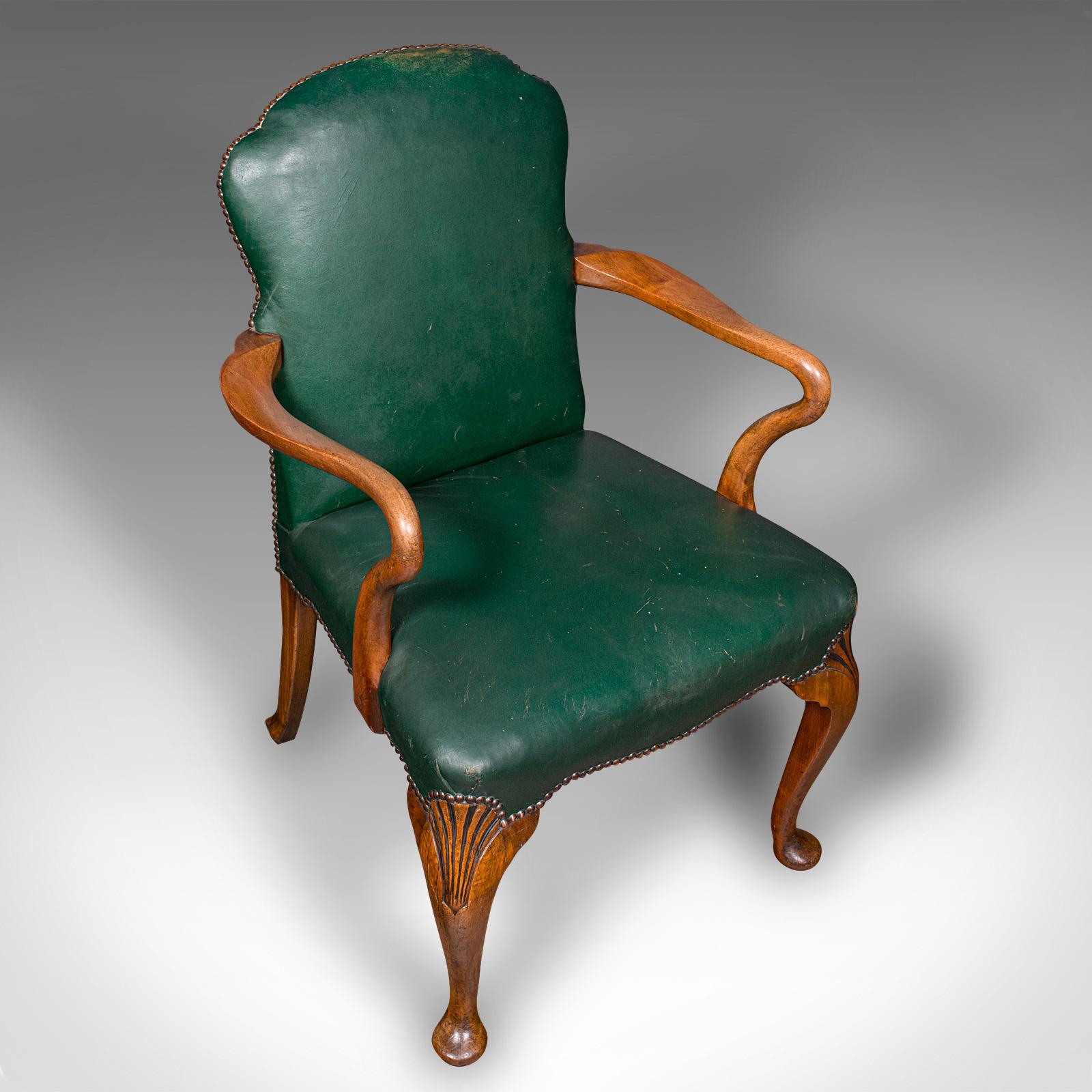 20th Century Antique Clerk's Desk Chair, English, Beech, Leather, Elbow Seat, Home, Office For Sale
