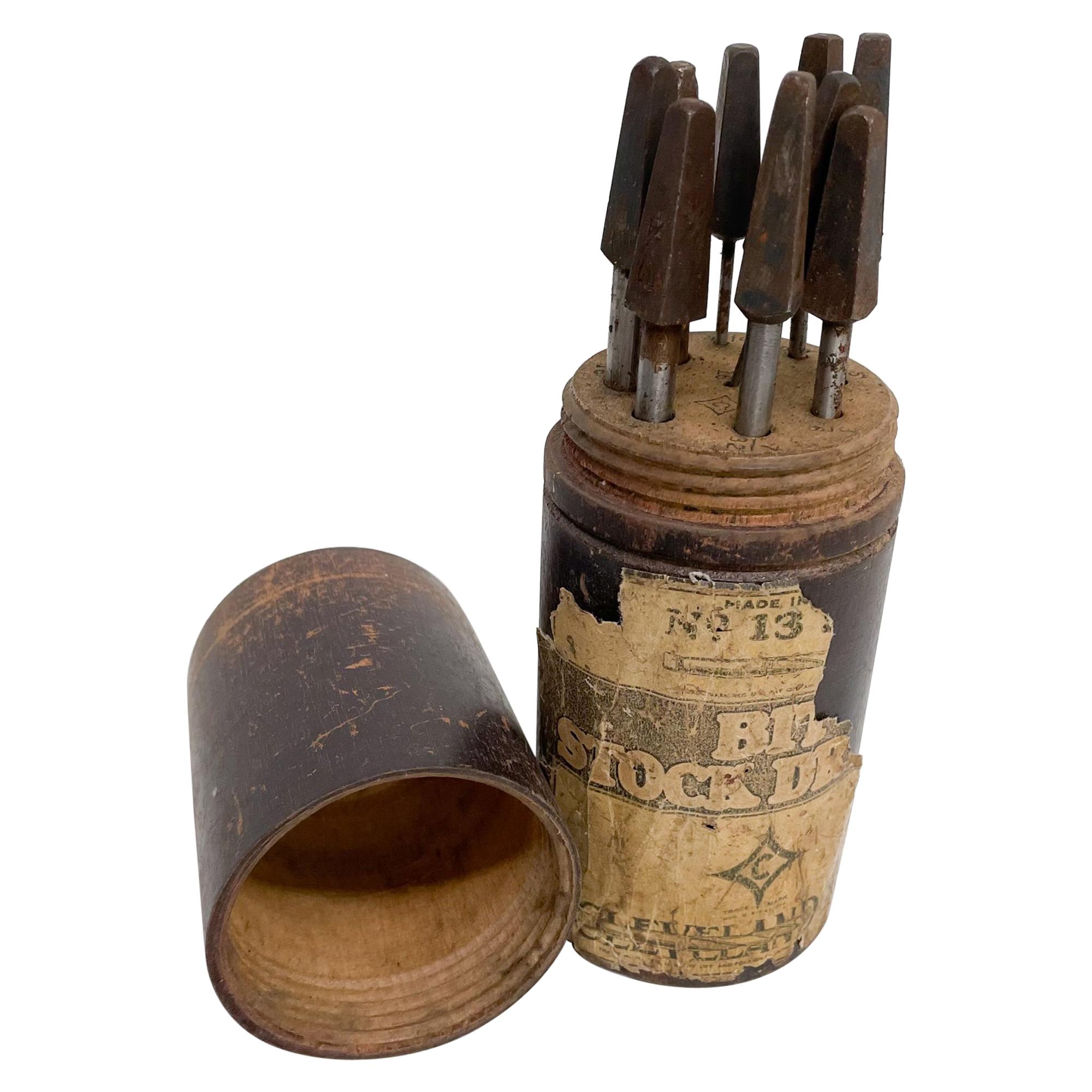 Antique Cleveland Twist Drill  Co #13 Set Bit Stock Metal Tools + Wood Case 1910