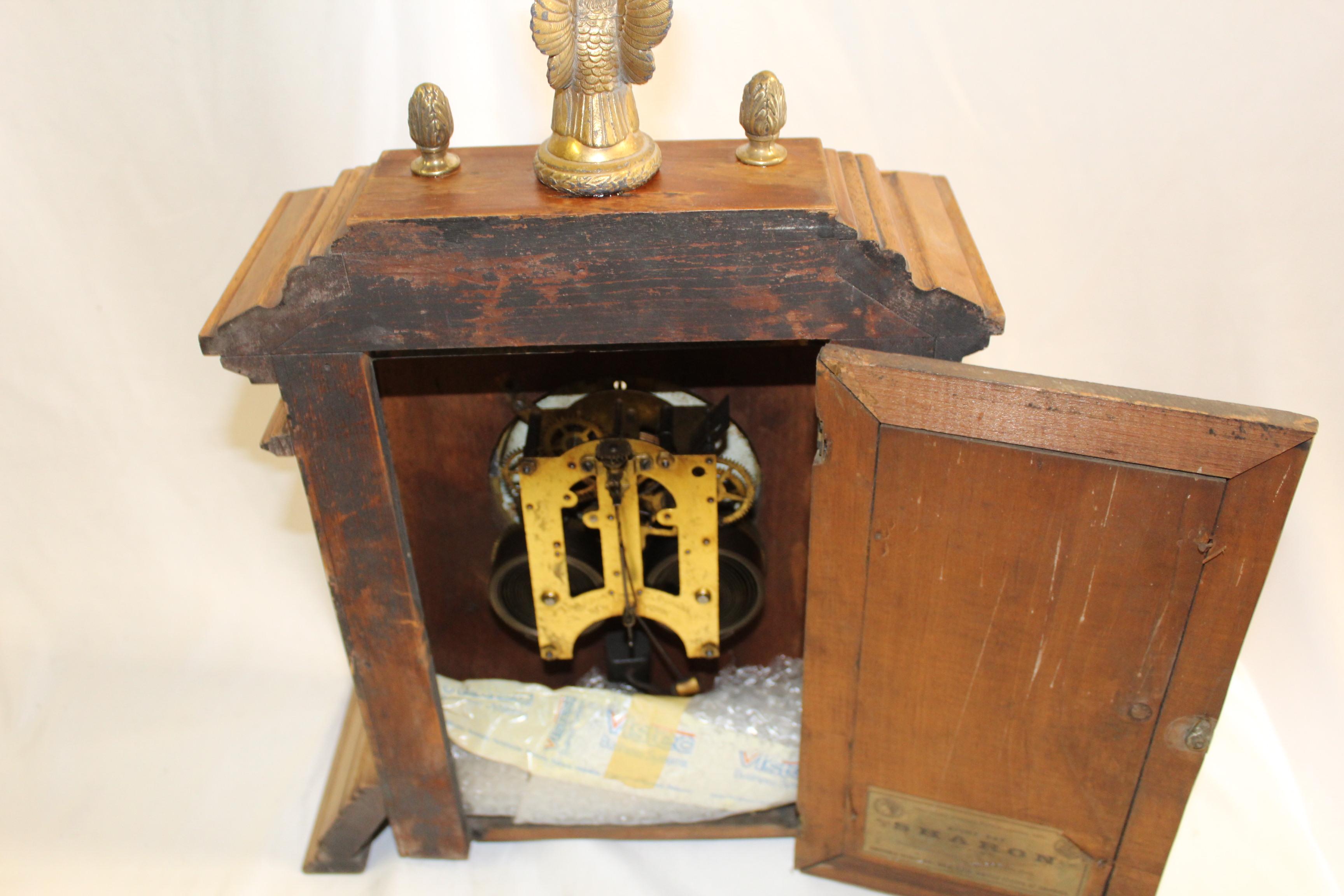 American Classical Antique Clock Ansonia Oak Case w Eagle For Sale