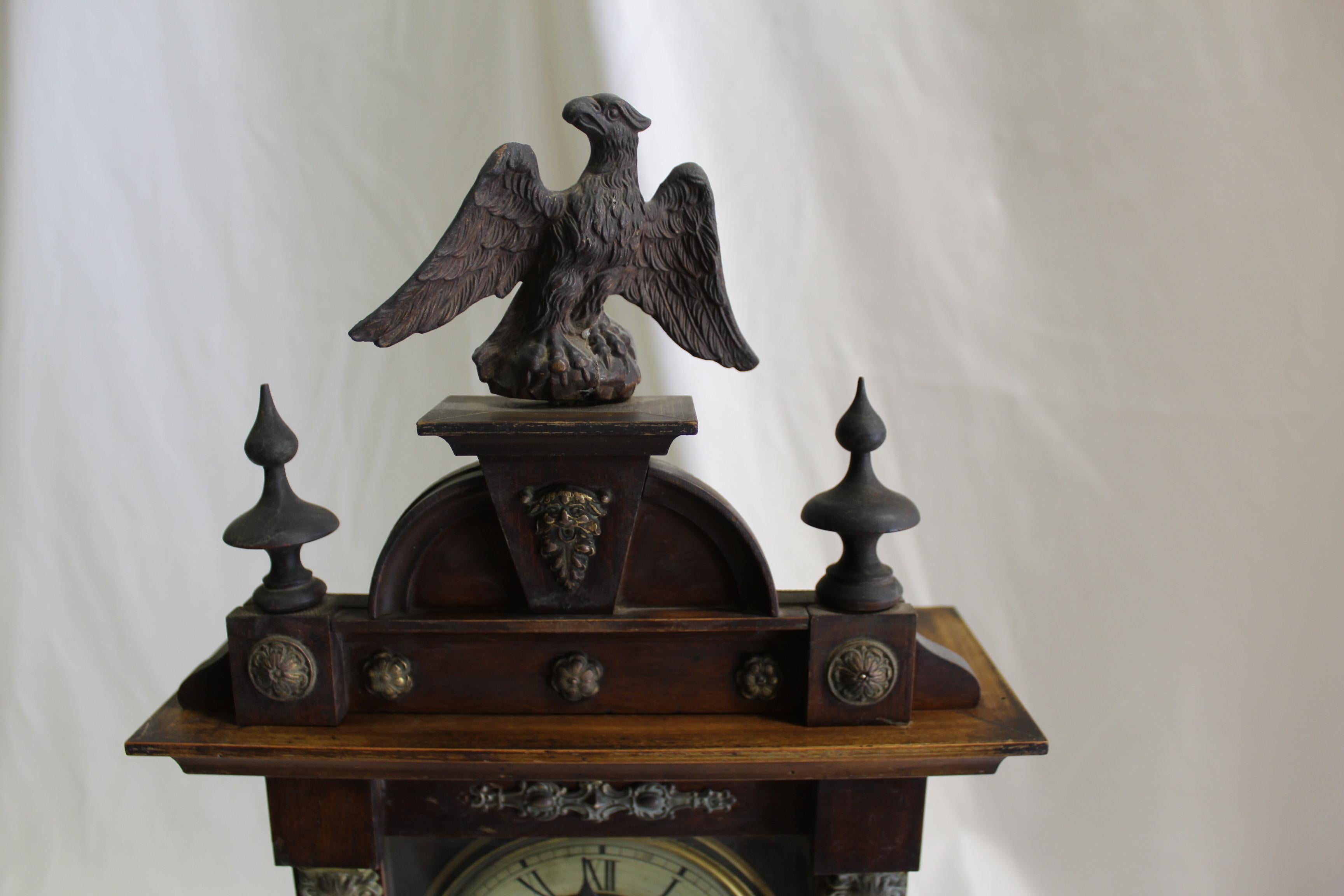 Edwardian Antique Clock / Eagle top with brass appliques around  For Sale